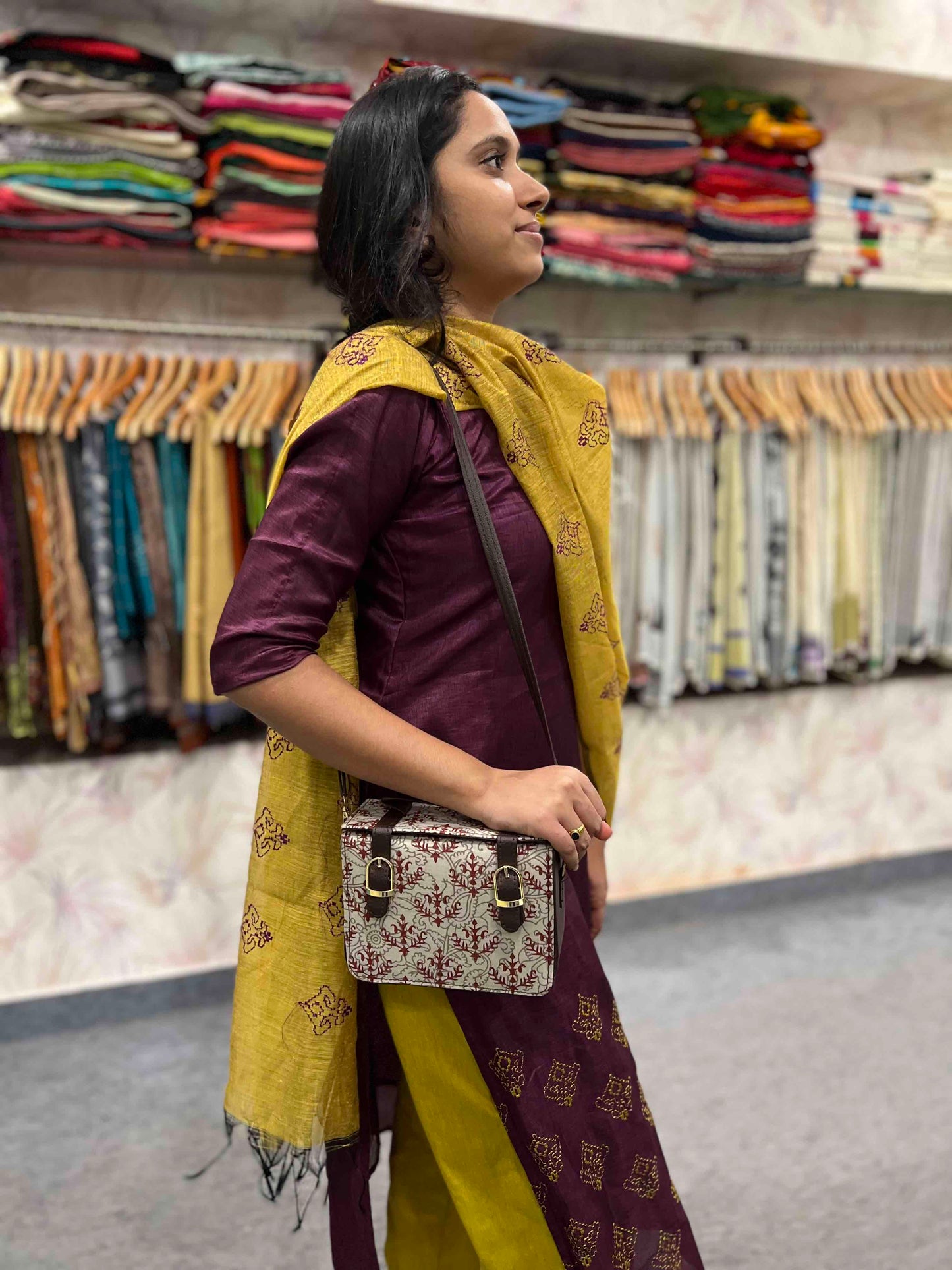 Southloom™ Handmade Boxy Sling Bag with Brown and Beige Printed Jute Cloth and Leatherette