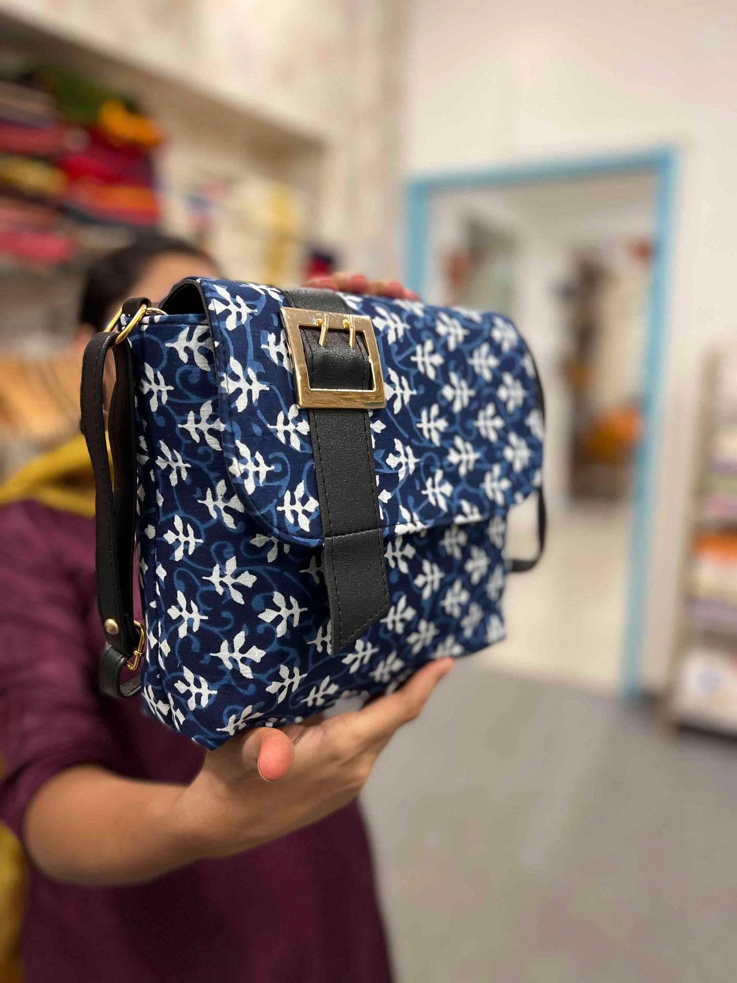 Southloom™ Handmade Sling Bag with Dark Blue and White Printed Jute Cloth and Leatherette