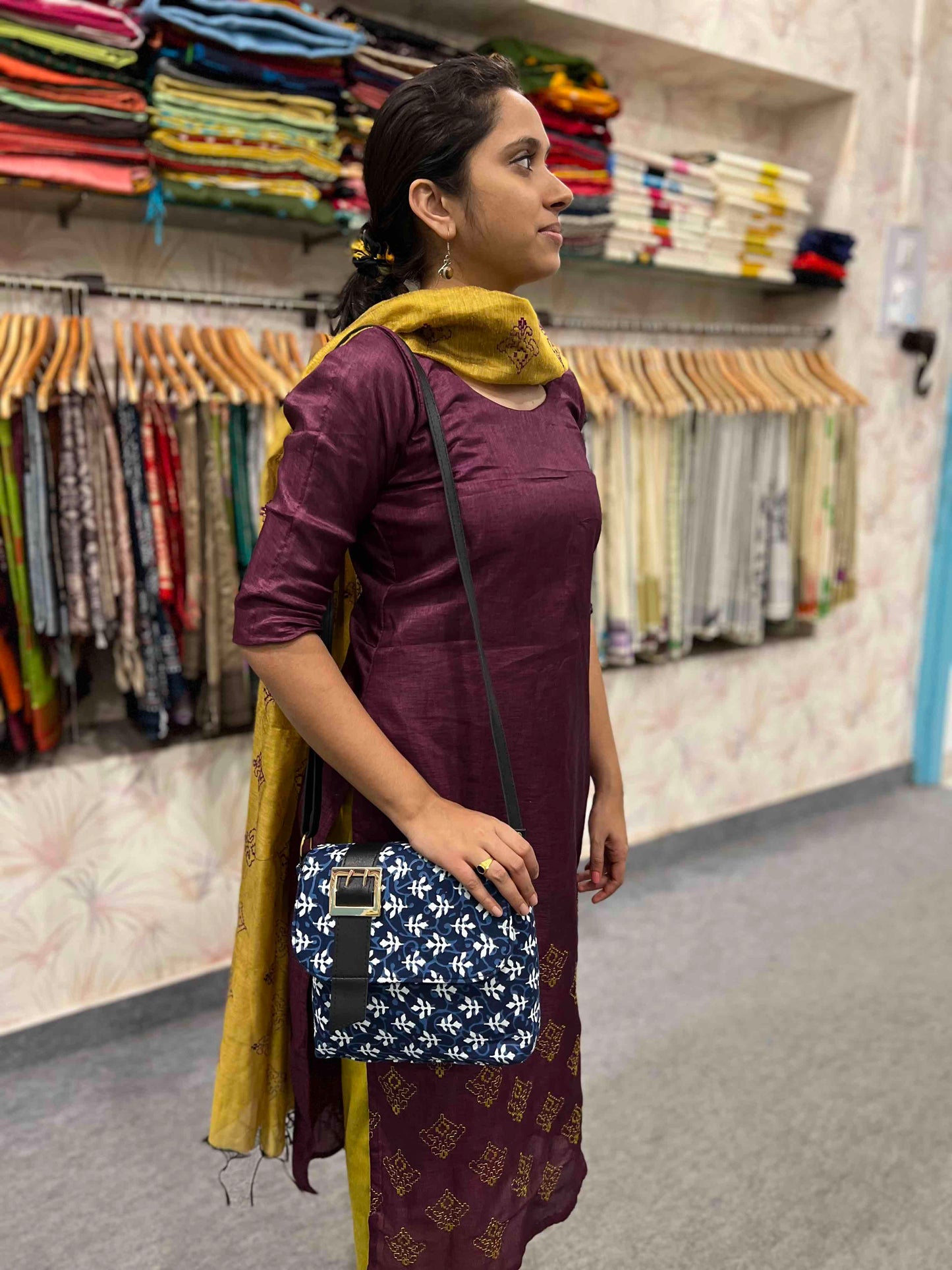 Southloom™ Handmade Sling Bag with Dark Blue and White Printed Jute Cloth and Leatherette