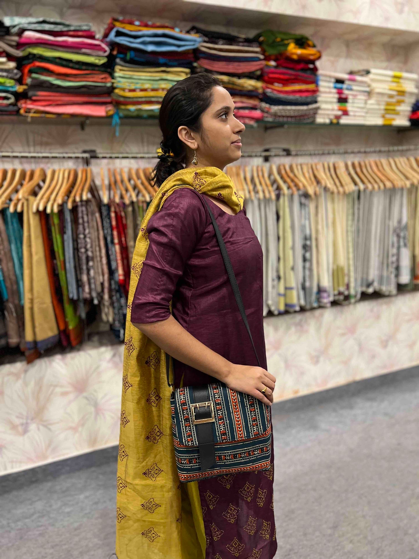 Southloom™ Handmade Sling Bag with Dark Green and Red Printed Jute Cloth and Leatherette