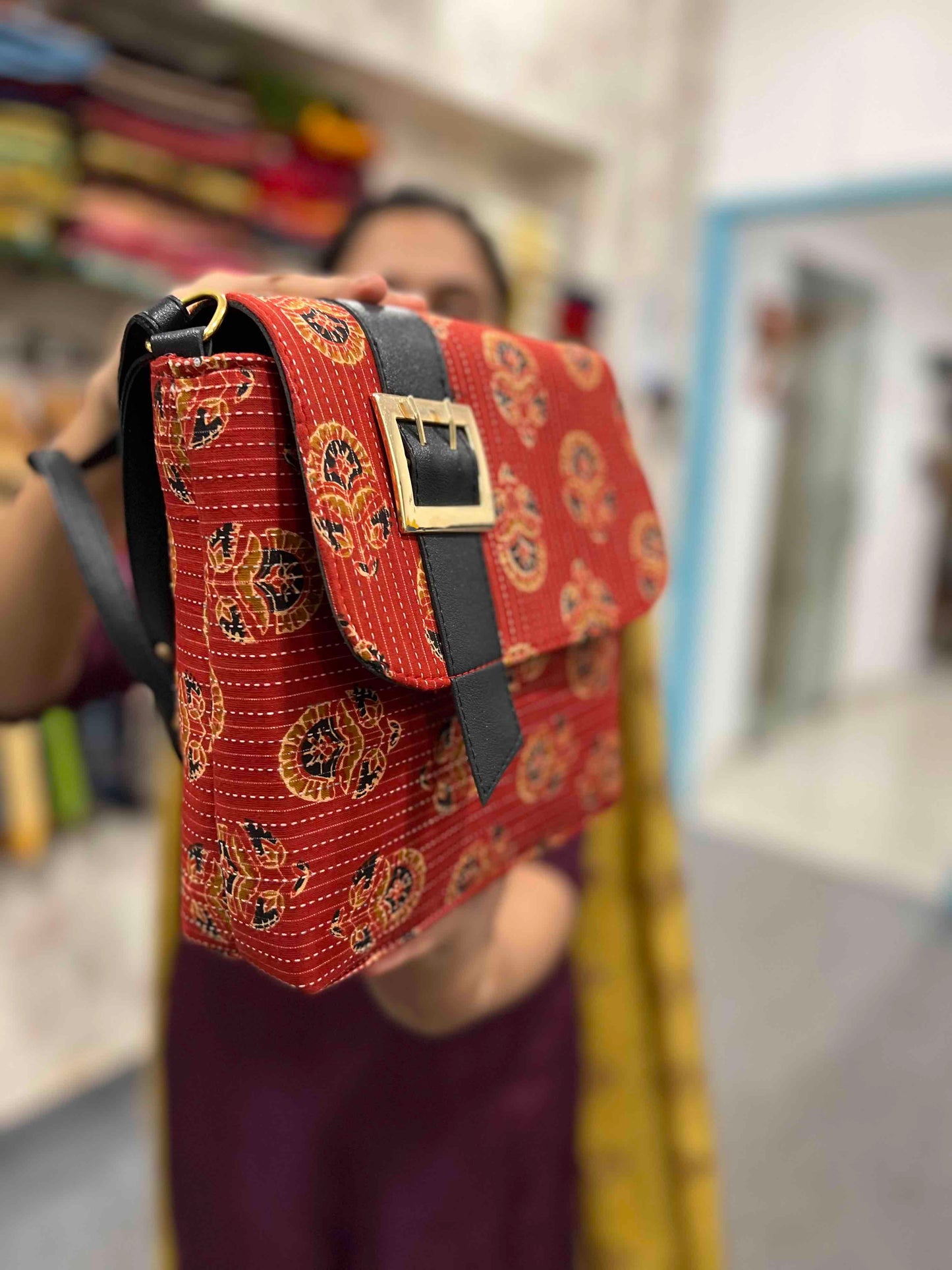 Southloom™ Handmade Sling Bag with Red Printed Jute Cloth and Leatherette