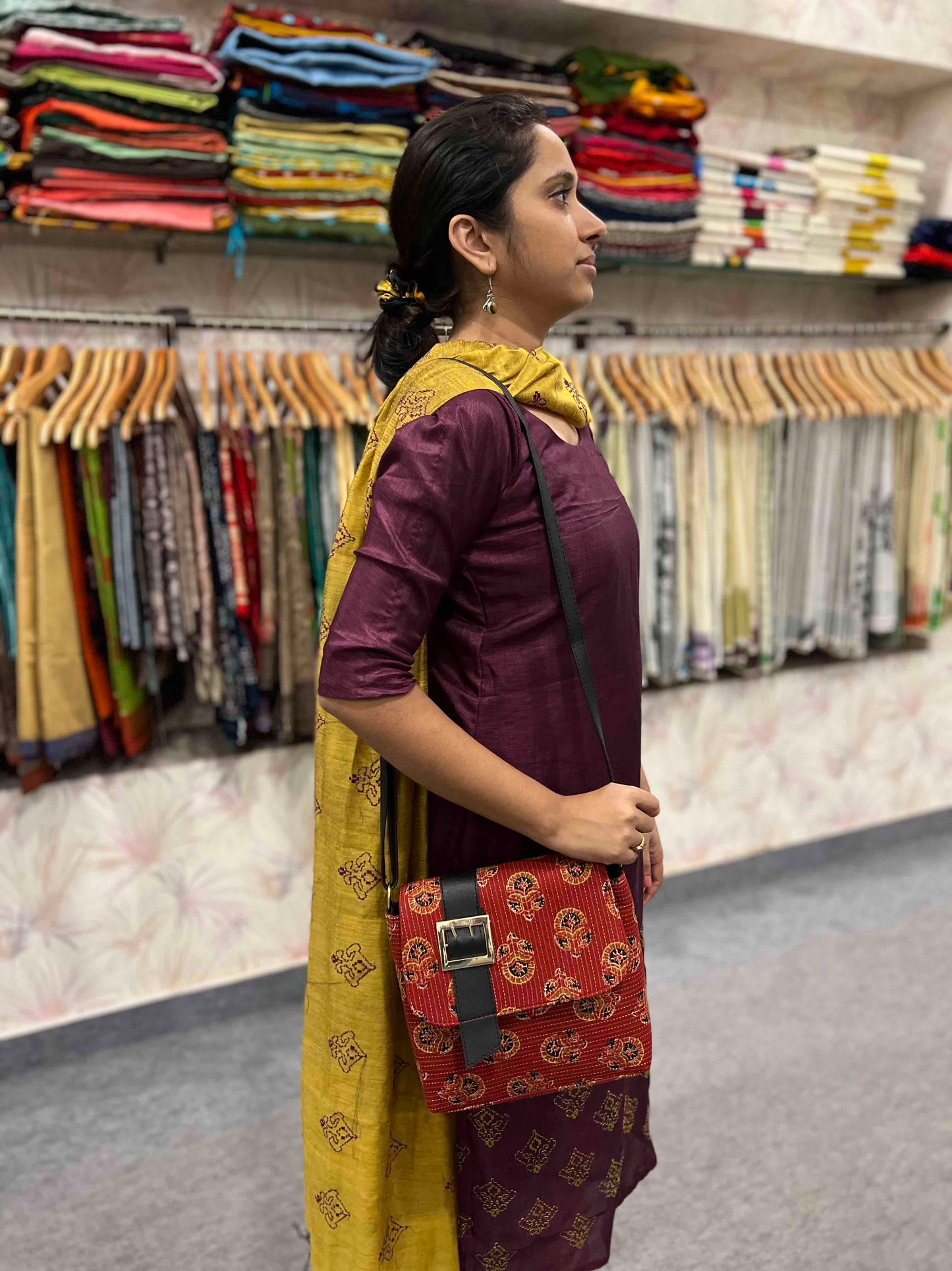 Southloom™ Handmade Sling Bag with Red Printed Jute Cloth and Leatherette