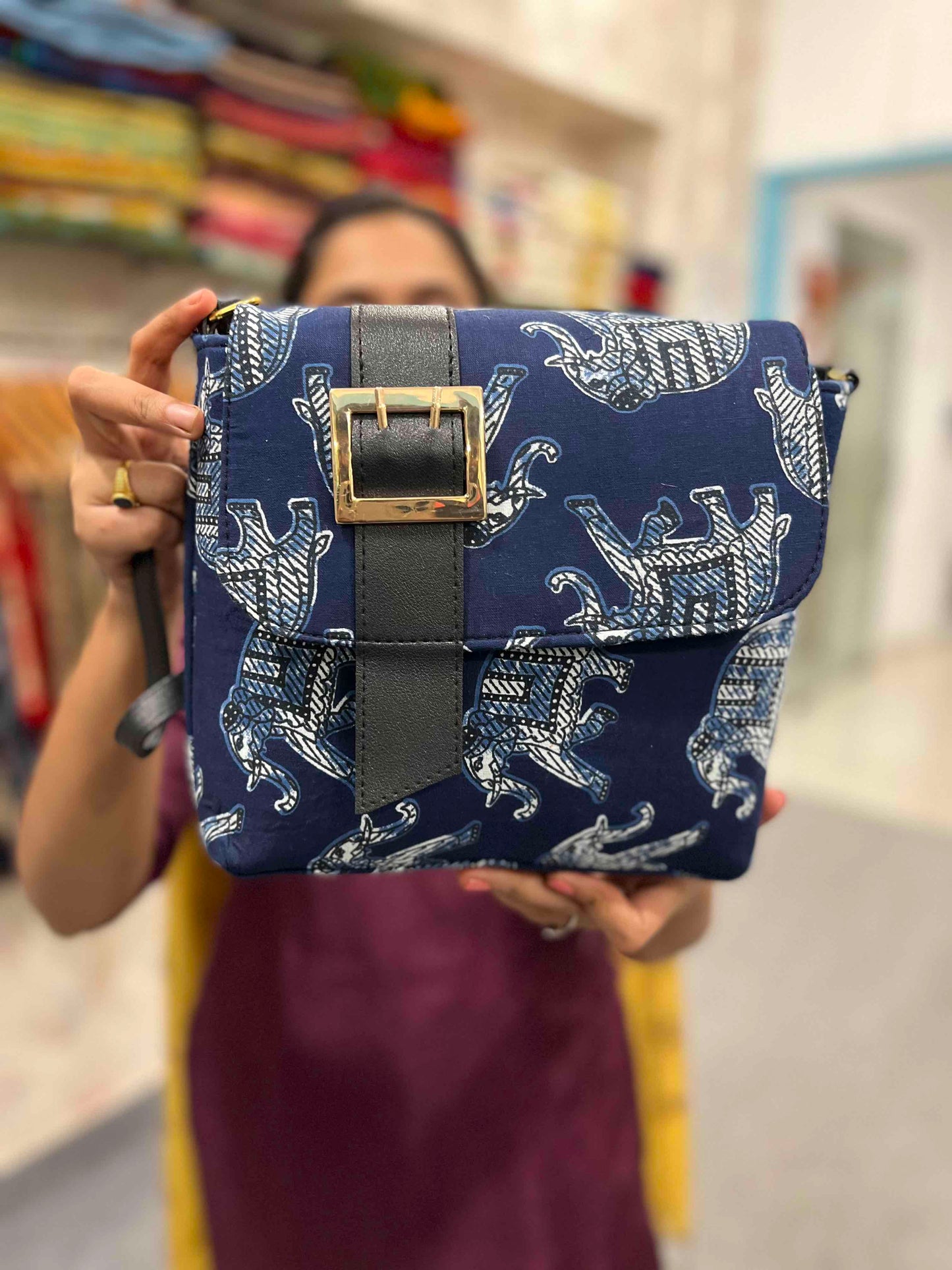 Southloom™ Handmade Sling Bag with Dark Blue Elephant Printed Jute Cloth and Leatherette