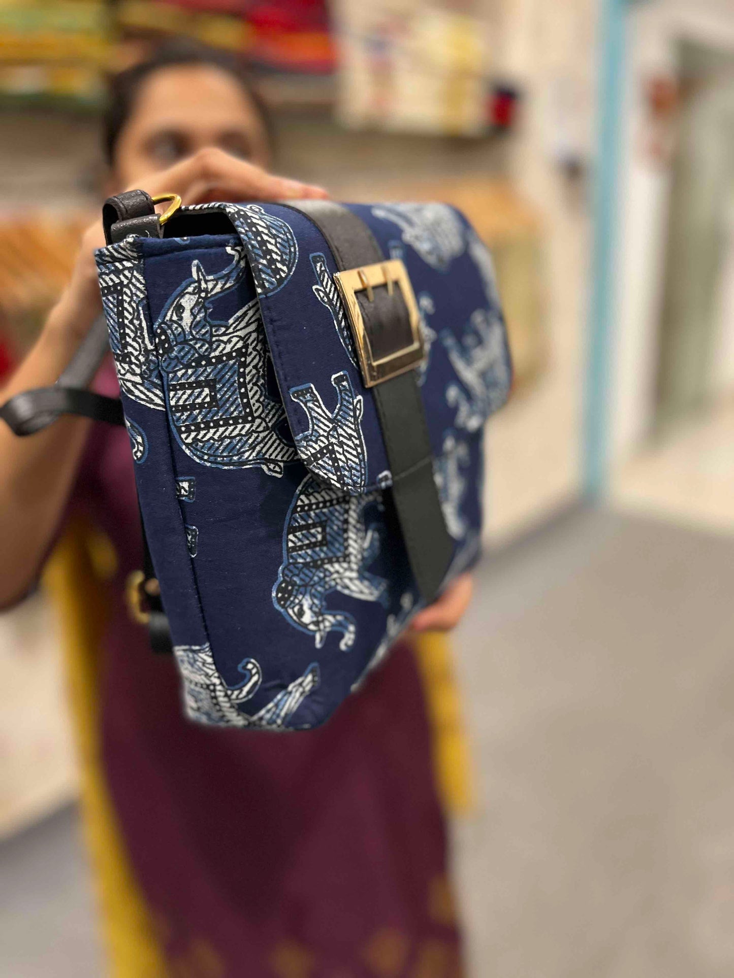 Southloom™ Handmade Sling Bag with Dark Blue Elephant Printed Jute Cloth and Leatherette