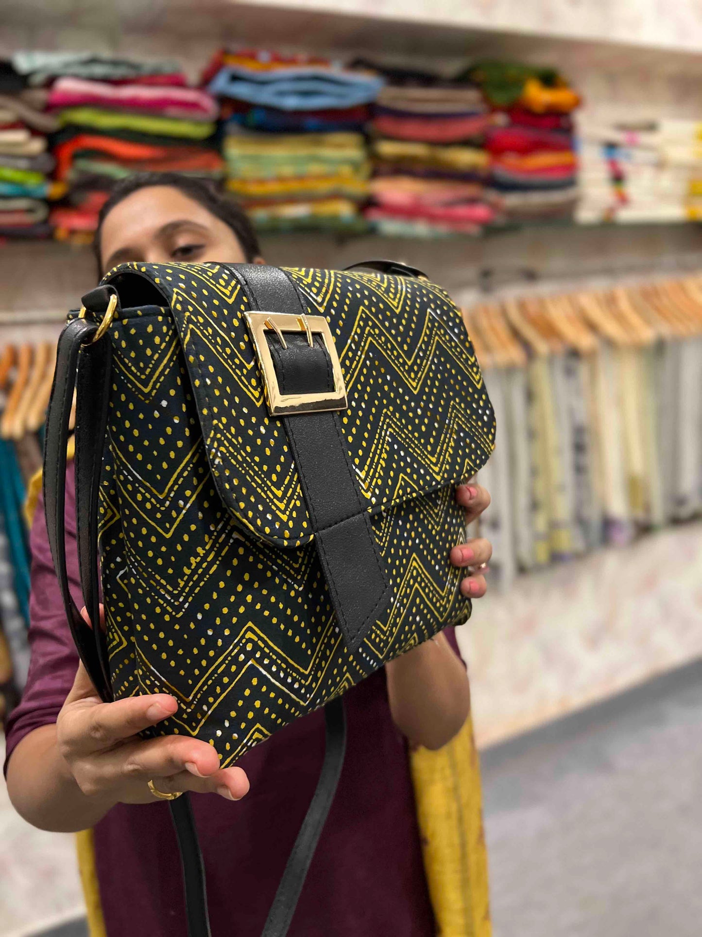 Southloom™ Handmade Sling Bag with Dark Green and Yellow Printed Jute Cloth and Leatherette