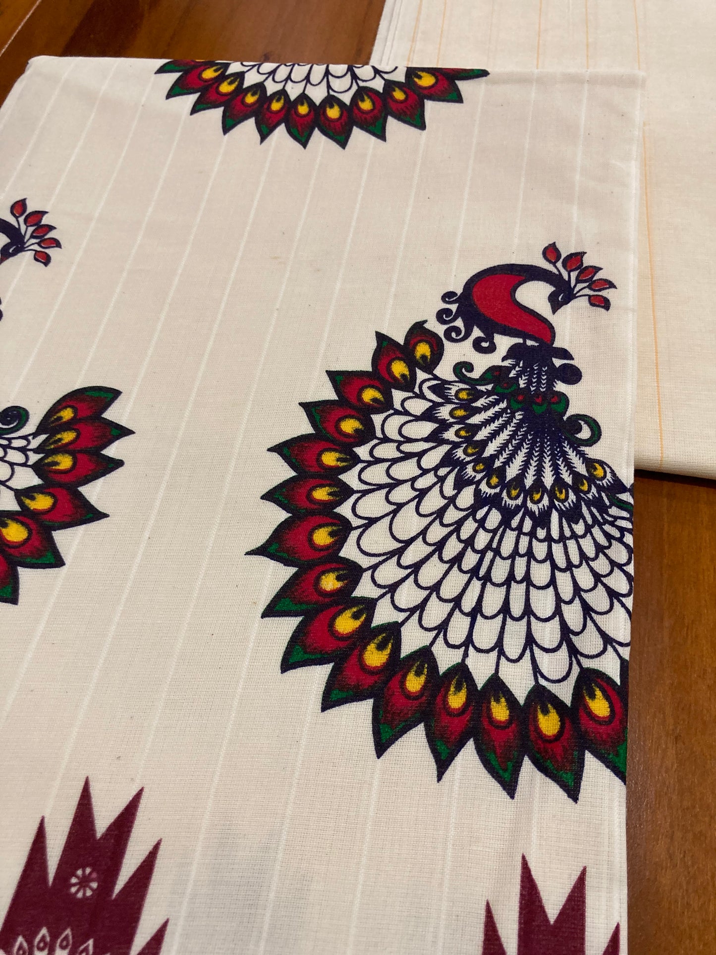 Kerala Cotton Churidar Salwar Material with Mural Printed Peacock Design (include Striped Shawl / Dupatta)