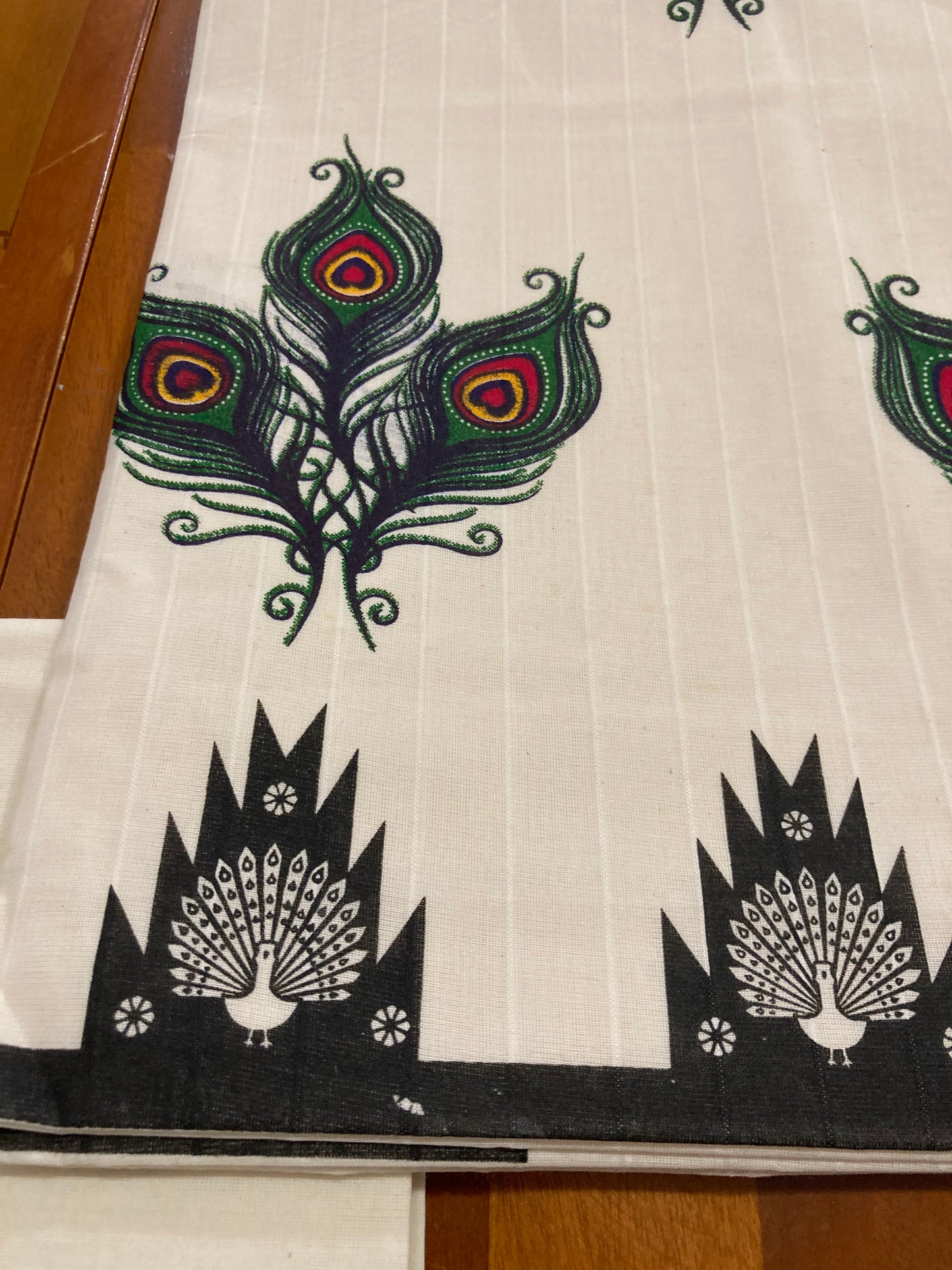 Kerala Cotton Churidar Salwar Material with Mural Printed Peacock Feather Design (include Striped Shawl / Dupatta)