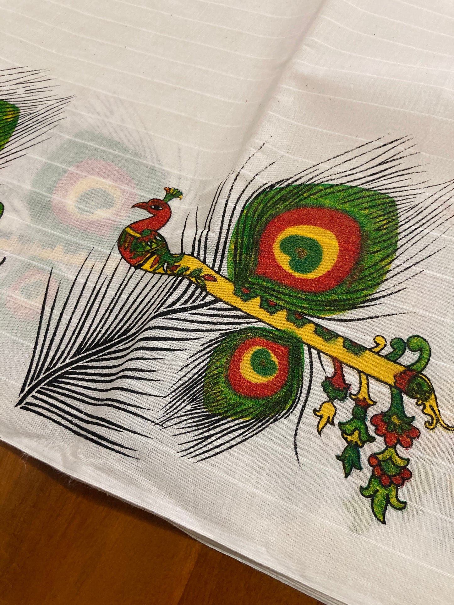 Kerala Cotton Churidar Salwar Material with Mural Printed Peacock Feather and Flute Design (include Striped Shawl / Dupatta)