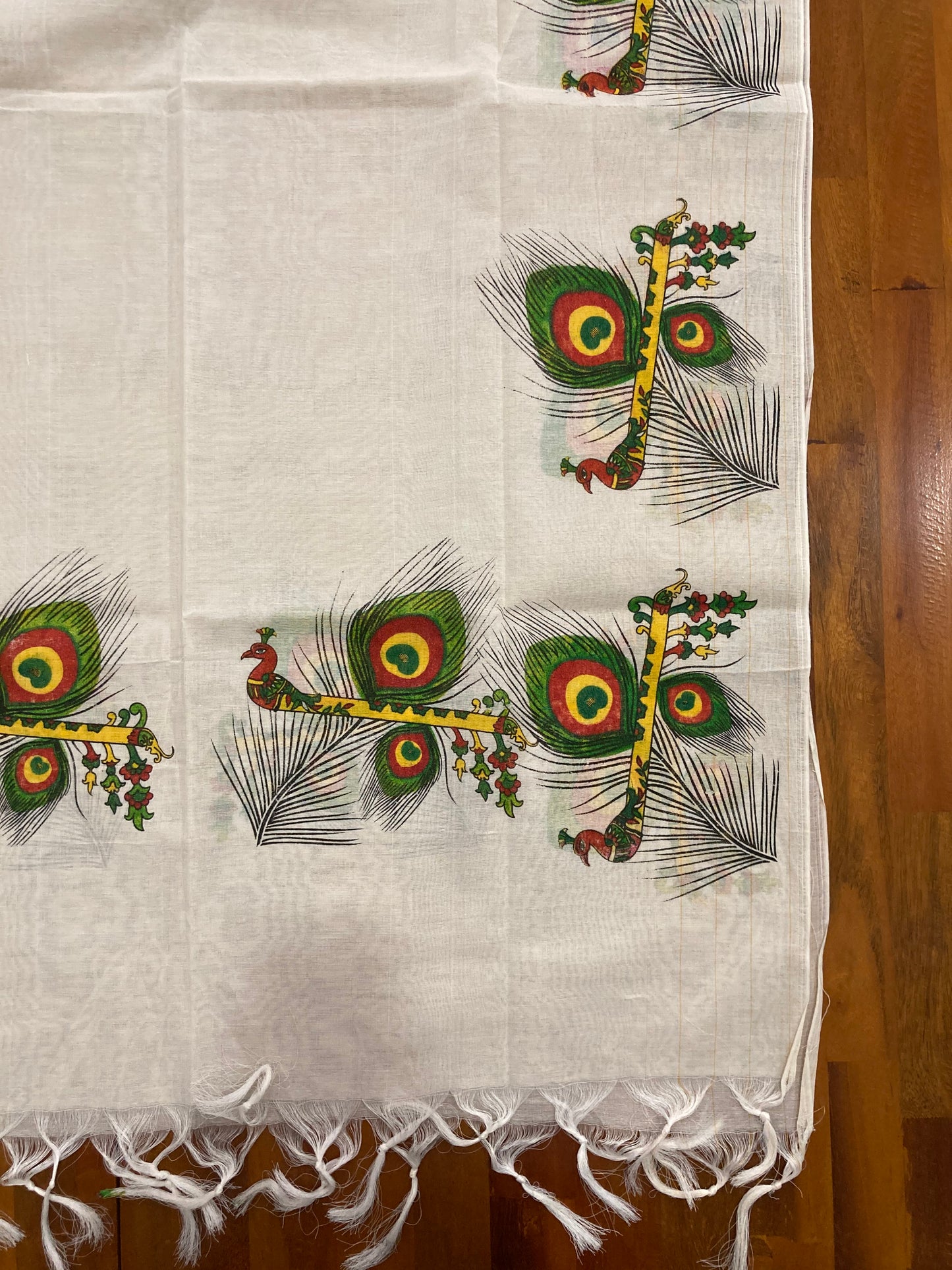Kerala Cotton Churidar Salwar Material with Mural Printed Peacock Feather and Flute Design (include Striped Shawl / Dupatta)