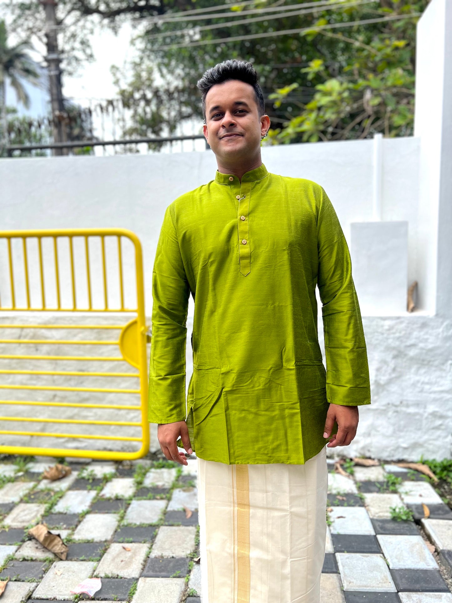 Southloom Semi Silk Short Kurta for Men in Green Colour