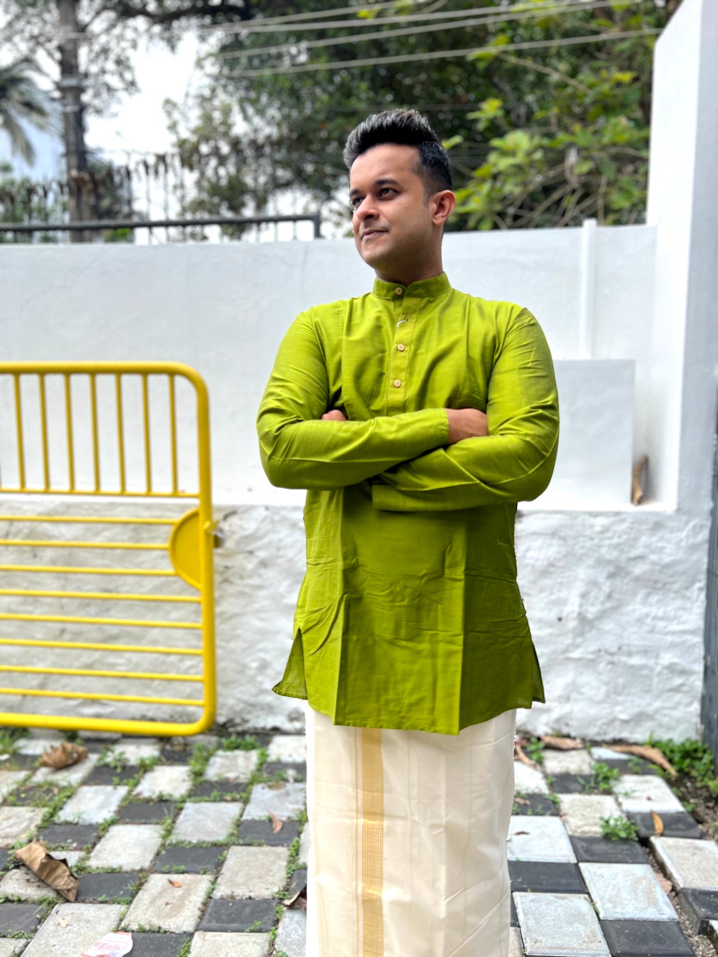 Southloom Semi Silk Short Kurta for Men in Green Colour