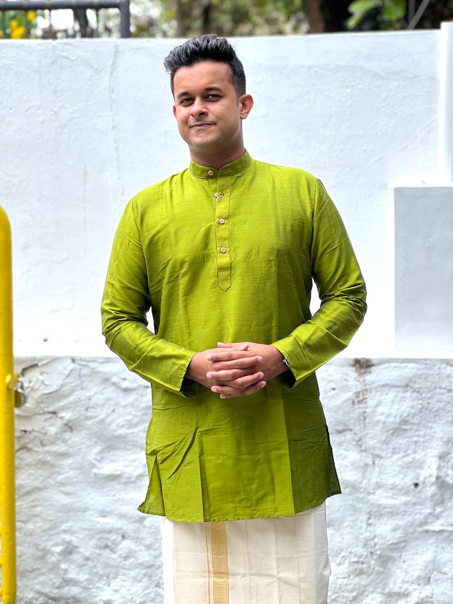 Southloom Semi Silk Short Kurta for Men in Green Colour