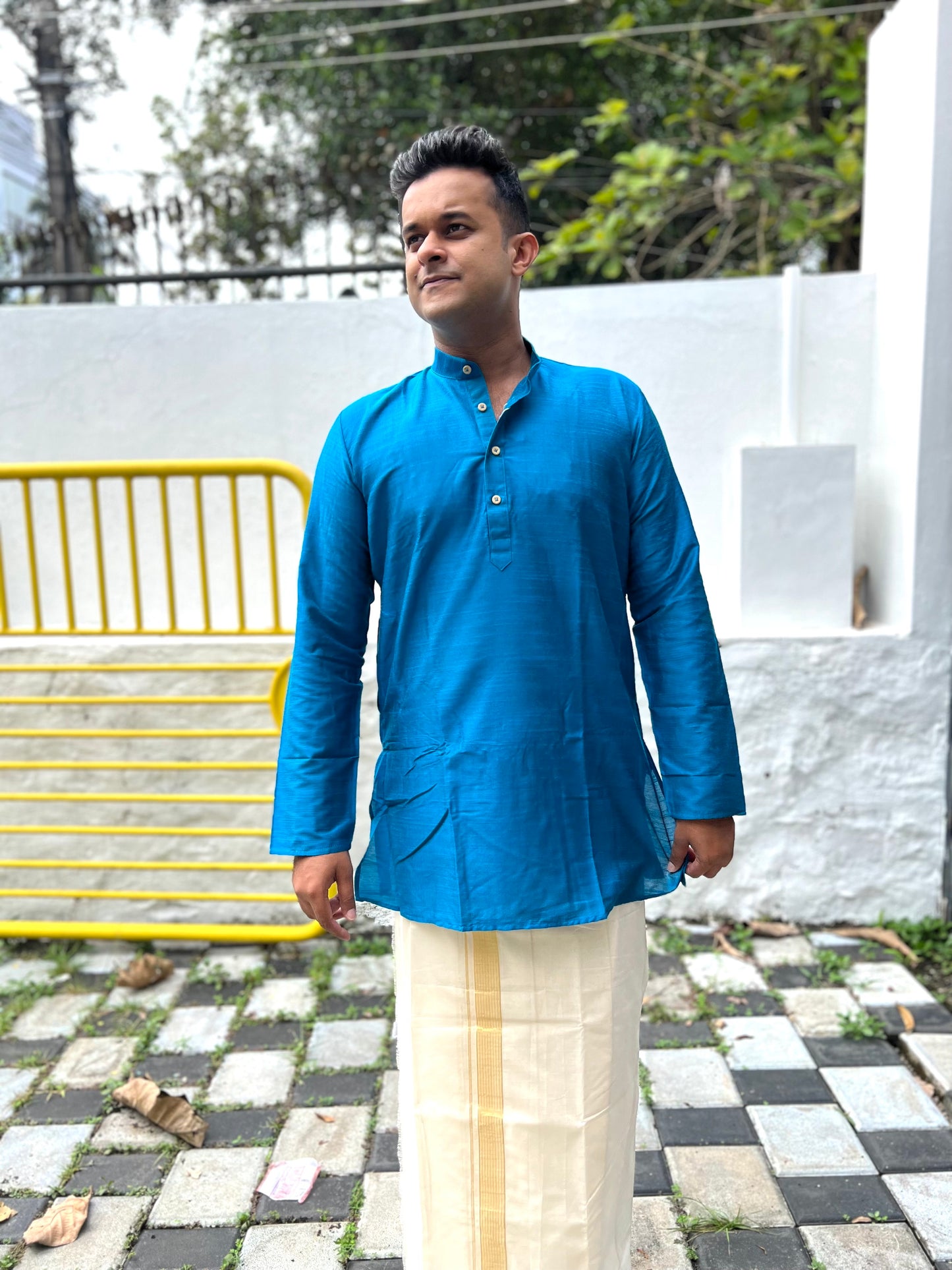 Southloom Semi Silk Short Kurta for Men in Blue Colour