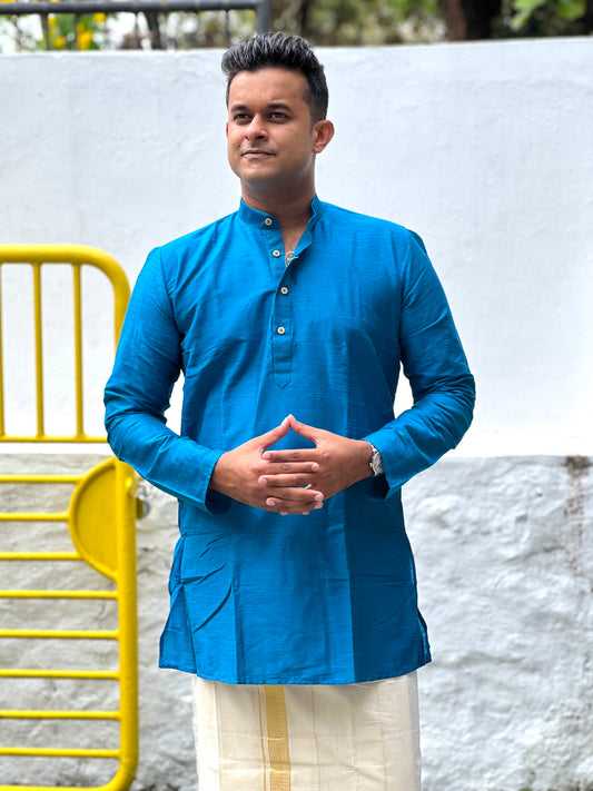 Southloom Semi Silk Short Kurta for Men in Blue Colour