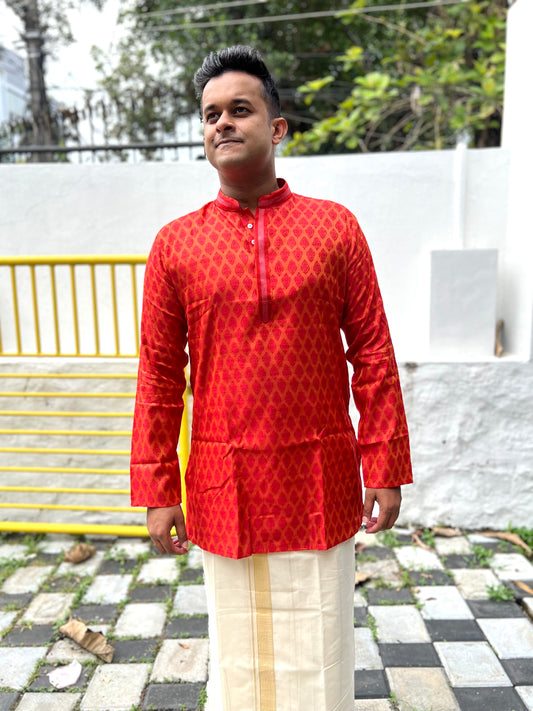 Southloom Semi Silk Short Kurta for Men with Dark Orange Woven Designs