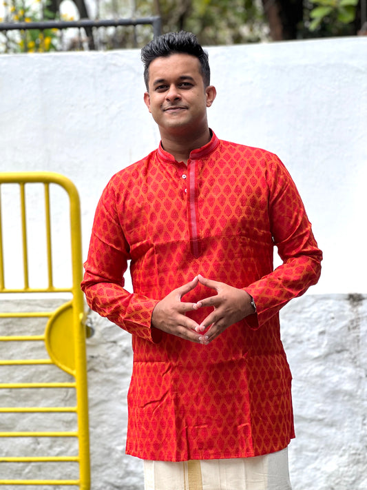 Southloom Semi Silk Short Kurta for Men with Dark Orange Woven Designs