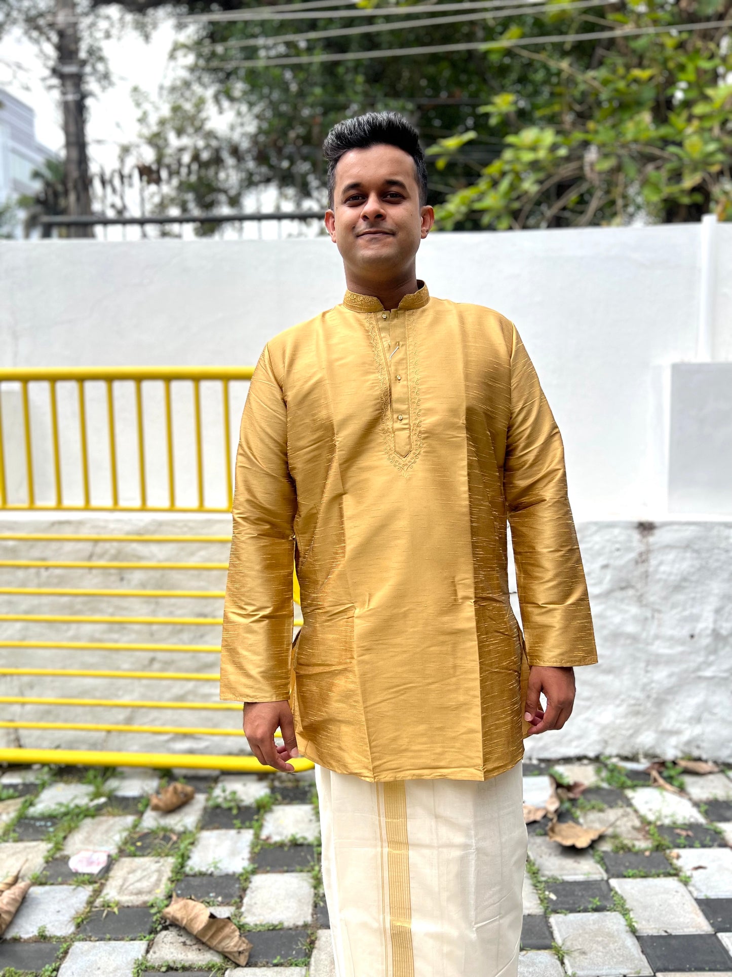 Southloom Semi Silk Short Kurta for Men in Golden Colour