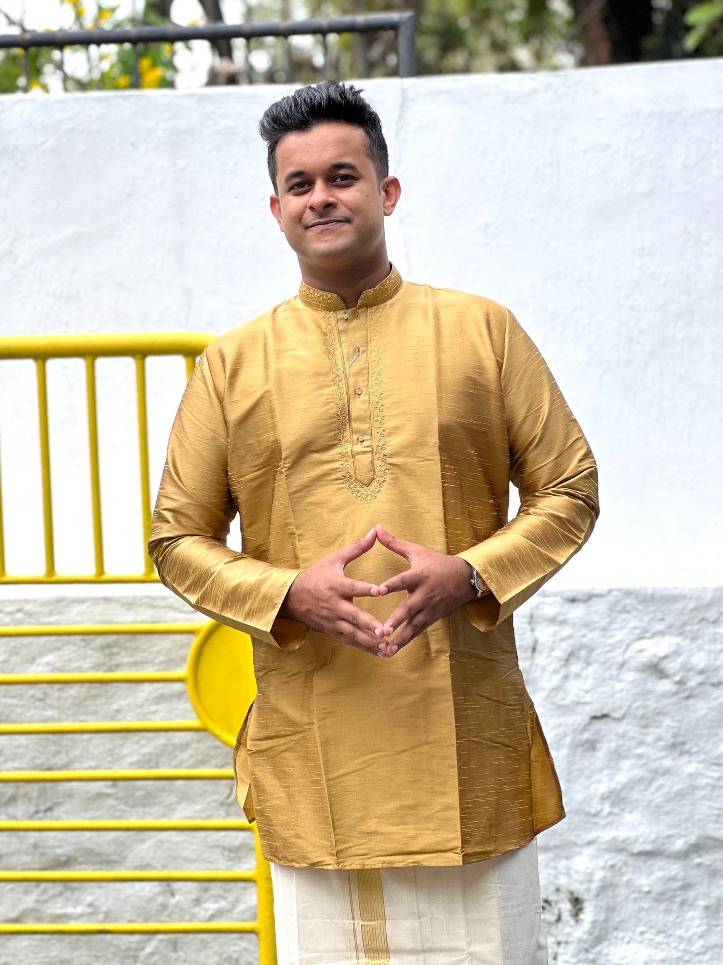 Southloom Semi Silk Short Kurta for Men in Golden Colour