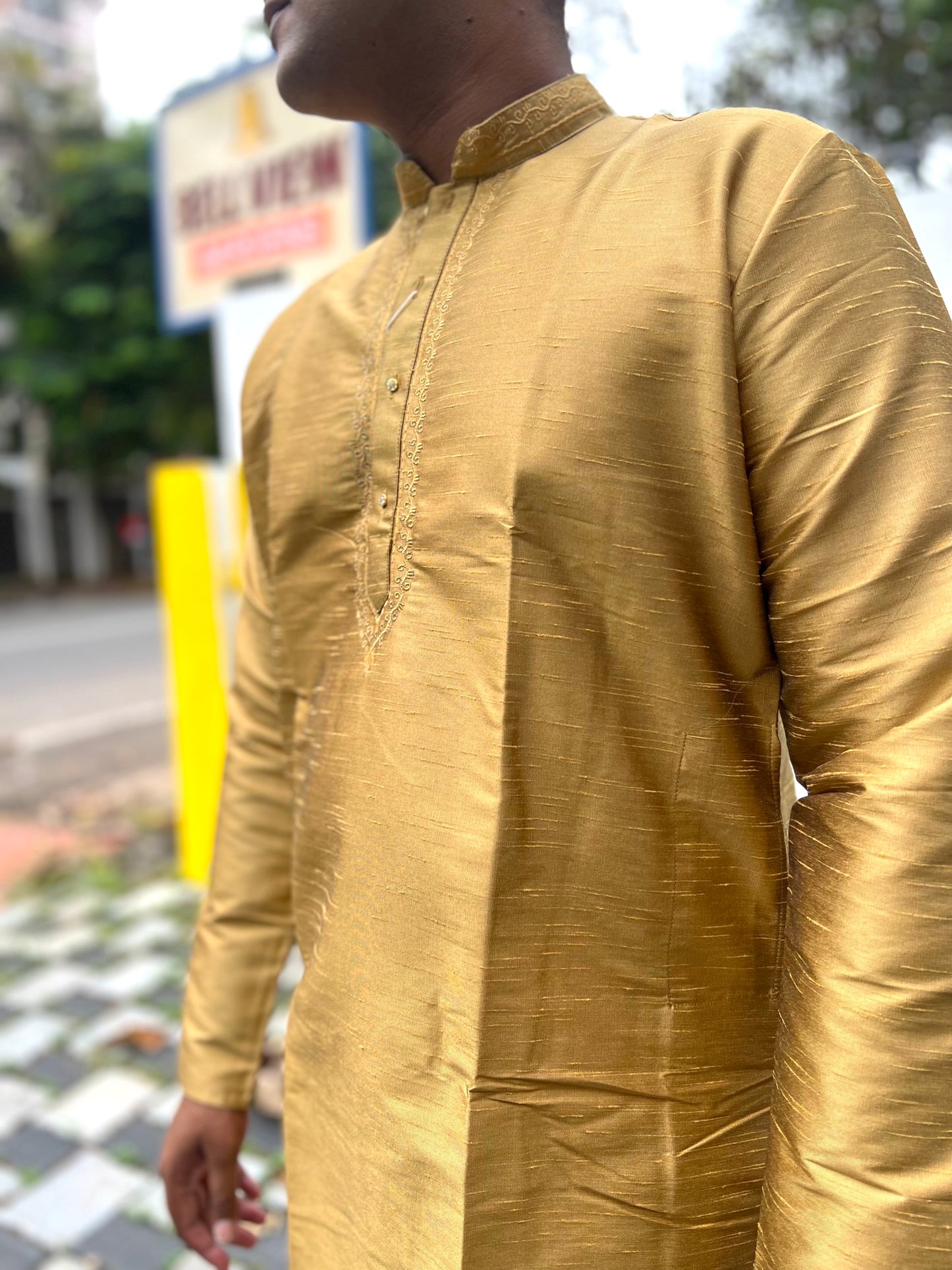 Southloom Semi Silk Short Kurta for Men in Golden Colour