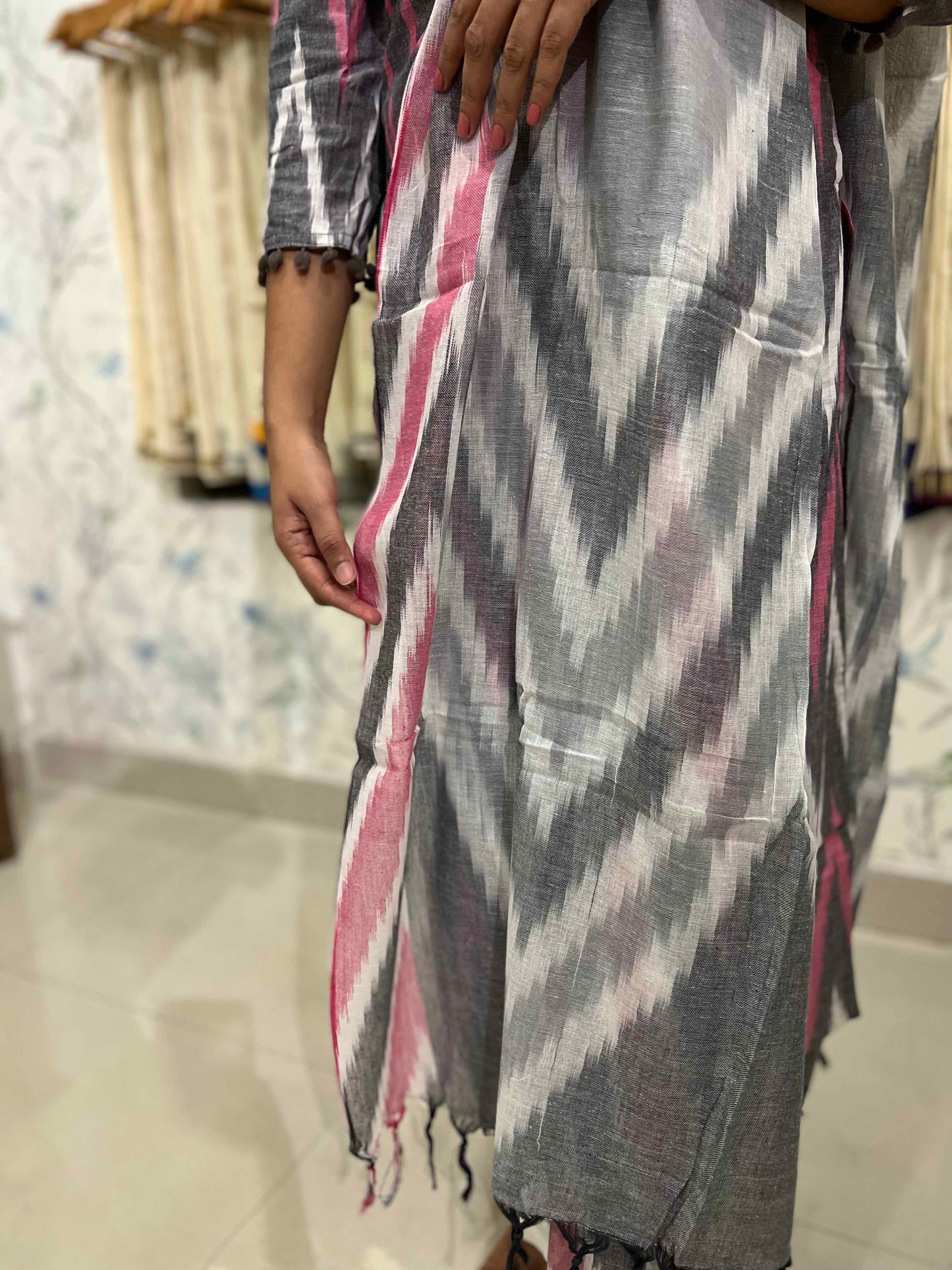 Southloom Stitched Cotton Salwar Set in Grey Colour with Ikat Design