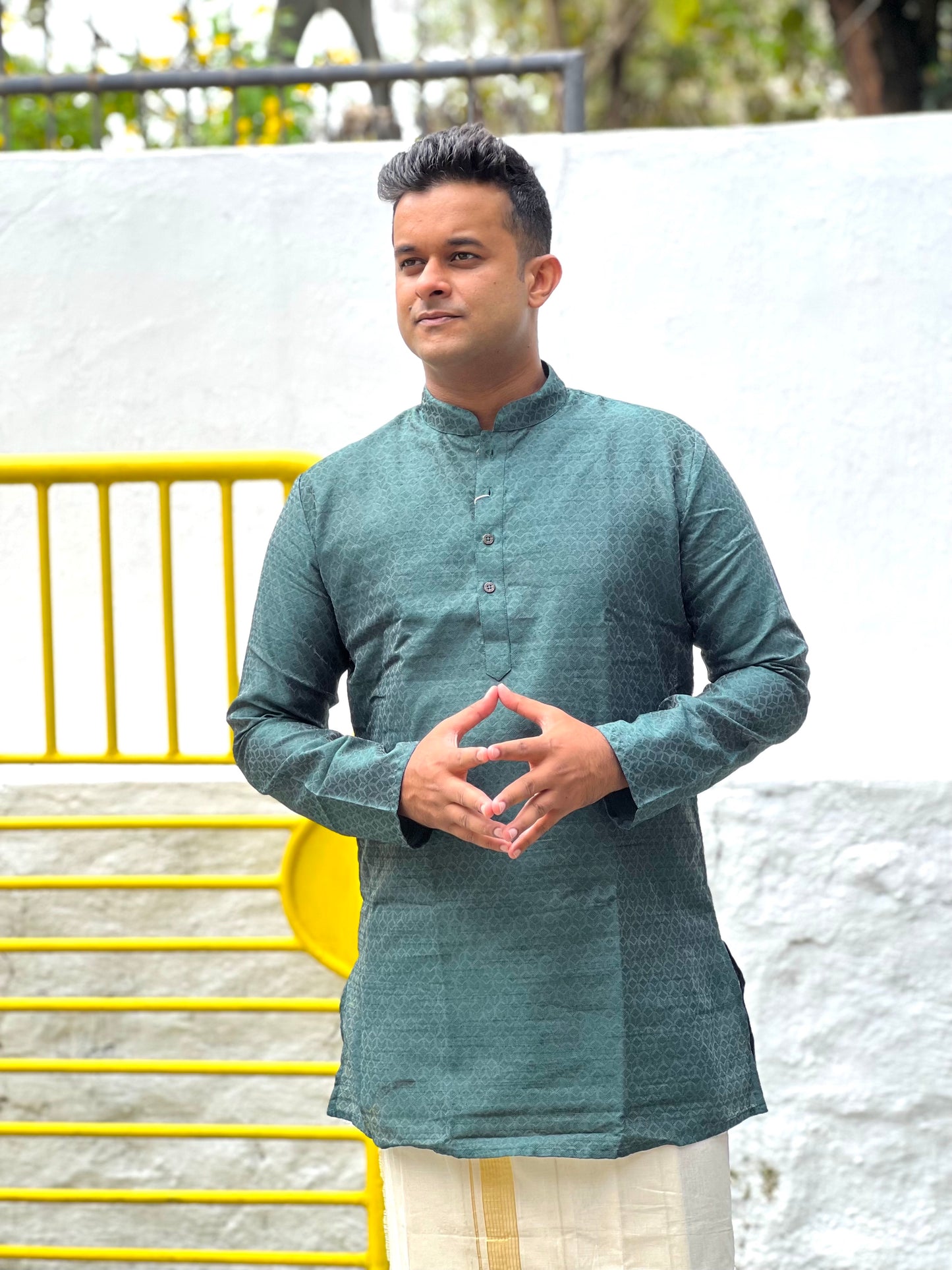 Southloom Semi Silk Short Kurta for Men with Dark Green Woven Designs