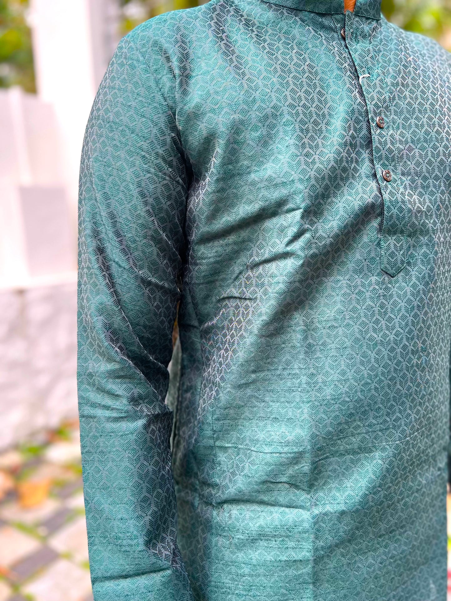 Southloom Semi Silk Short Kurta for Men with Dark Green Woven Designs