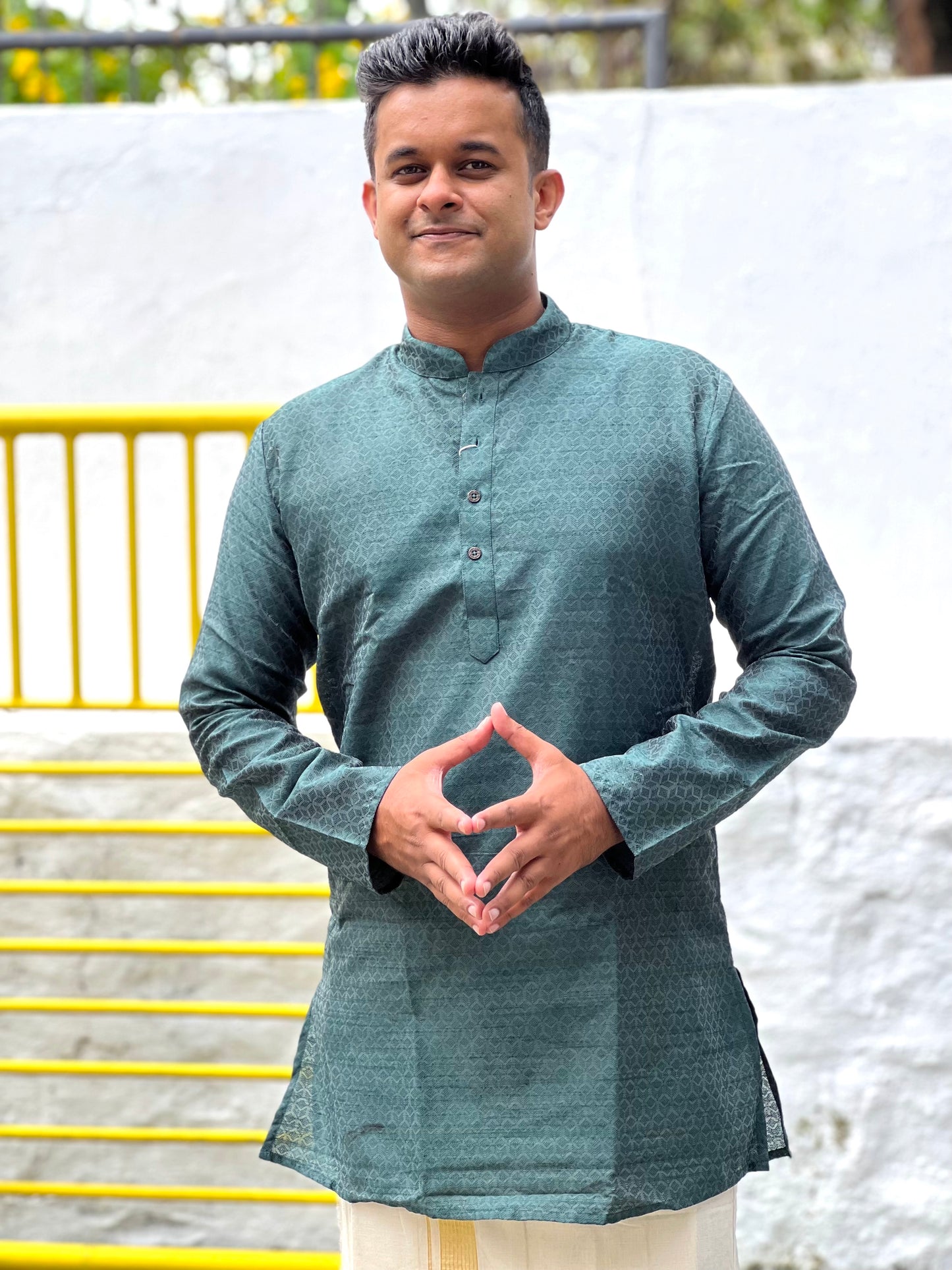 Southloom Semi Silk Short Kurta for Men with Dark Green Woven Designs