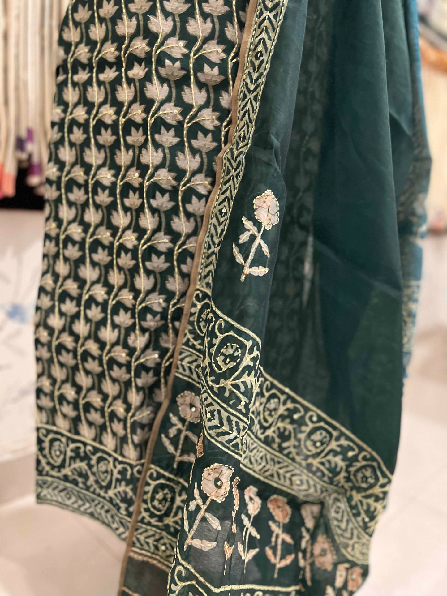 Southloom Stitched Chanderi Silk Salwar Set in Green Colour with Floral Design