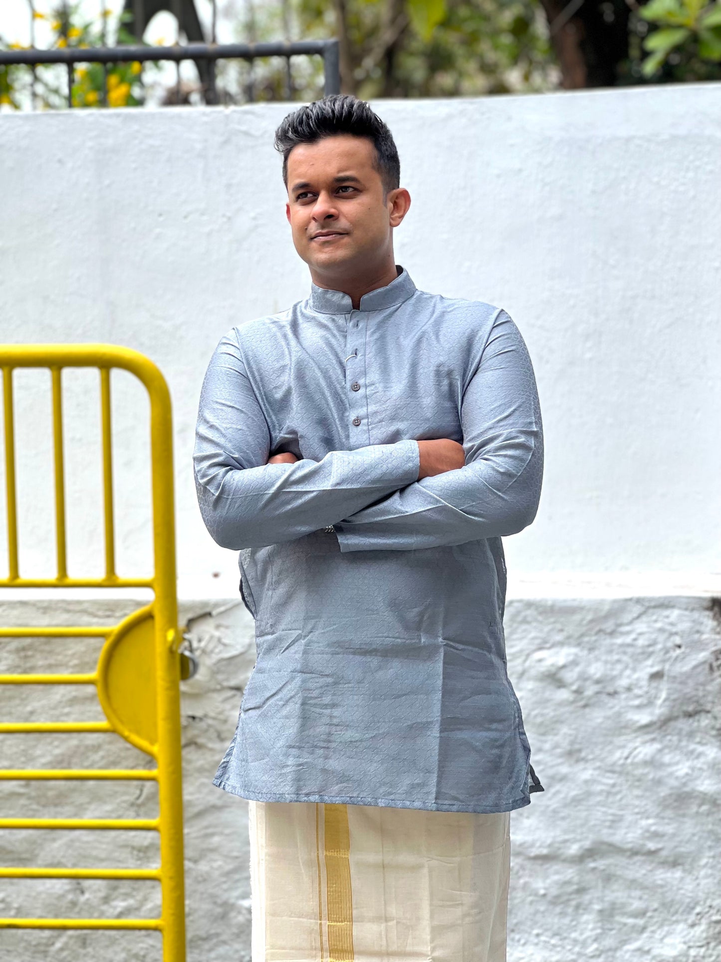 Southloom Semi Silk Short Kurta for Men with Grey Woven Designs