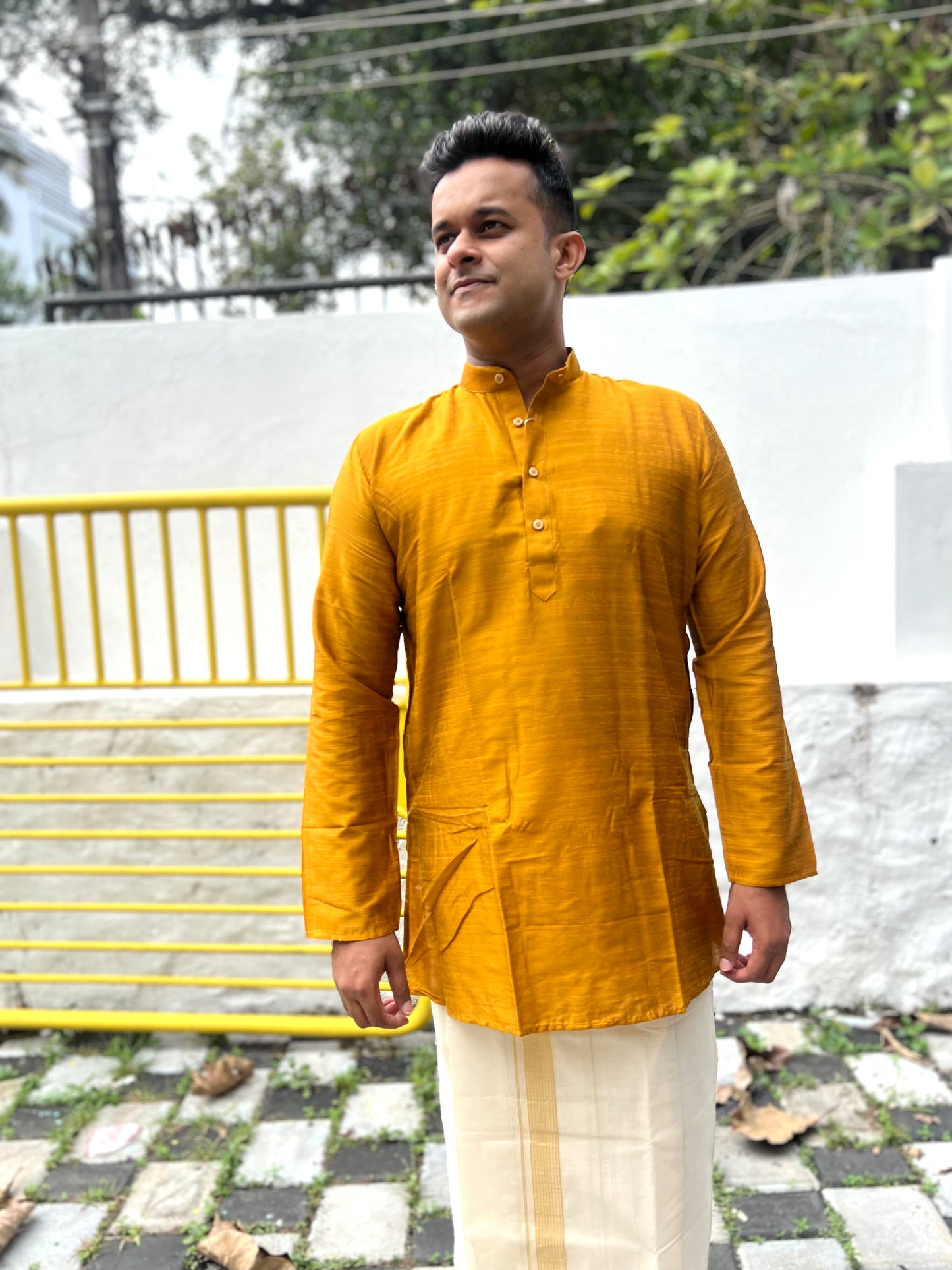 Southloom Semi Silk Short Kurta for Men in Golden Colour