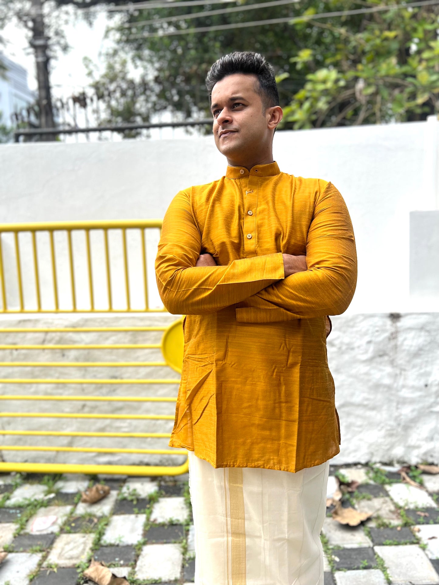 Southloom Semi Silk Short Kurta for Men in Golden Colour