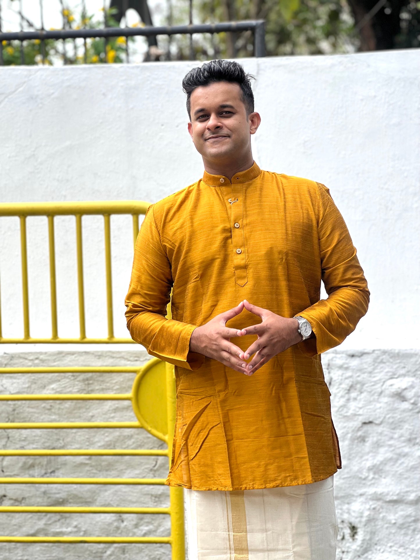 Southloom Semi Silk Short Kurta for Men in Golden Colour