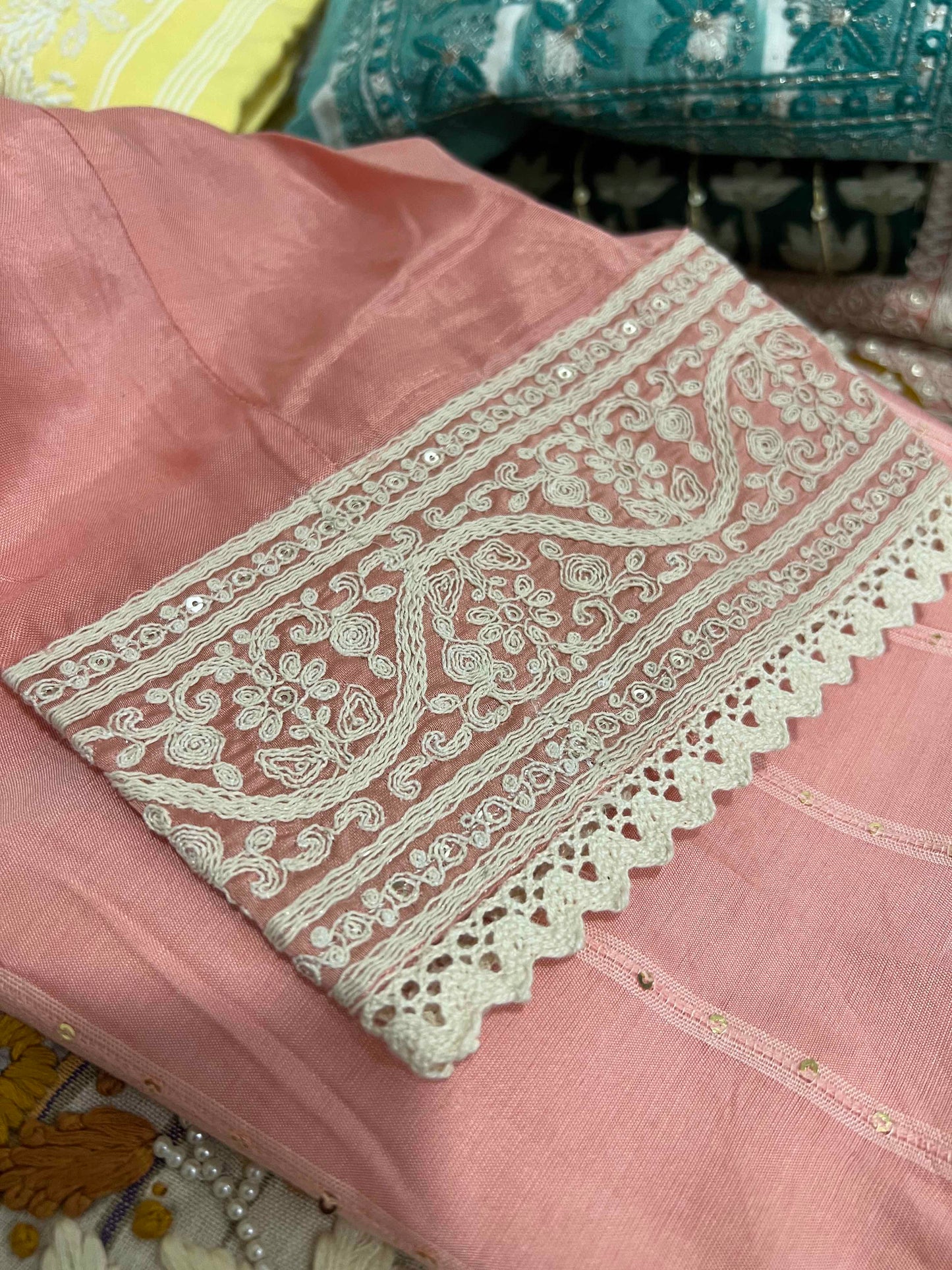 Southloom Stitched Silk Salwar Set in Peach Colour with Embroidered Design