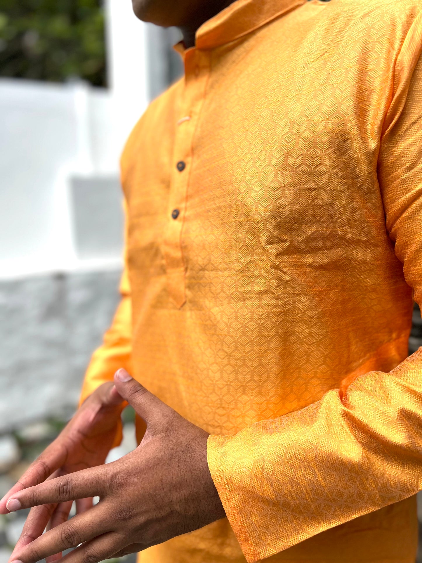 Southloom Semi Silk Short Kurta for Men with Orange Woven Designs