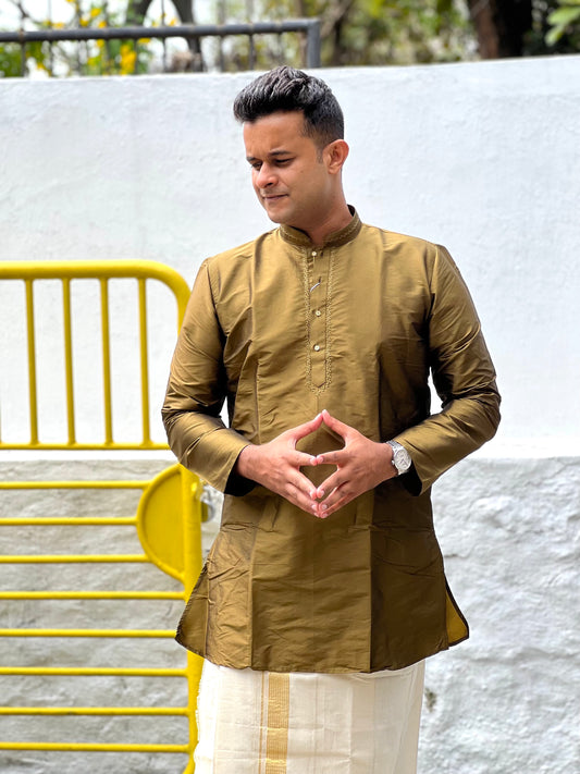 Southloom Semi Silk Short Kurta for Men in Green Colour