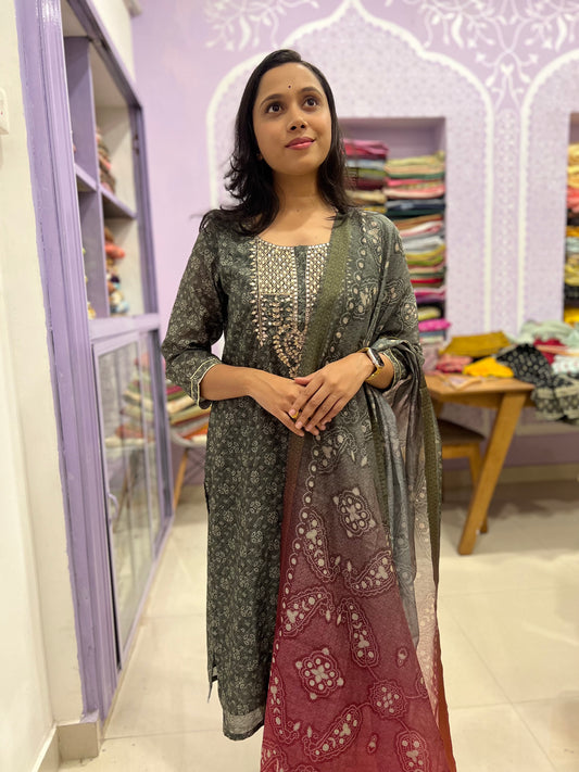 Southloom Stitched Semi Silk Salwar Set in Green with Floral Prints on Body