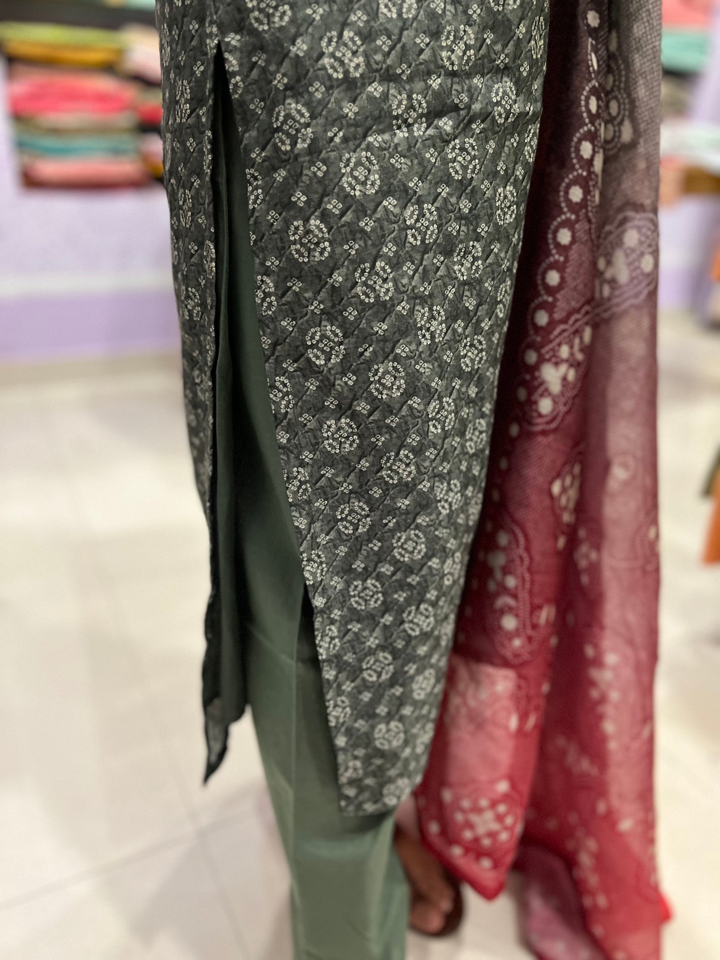 Southloom Stitched Semi Silk Salwar Set in Green with Floral Prints on Body