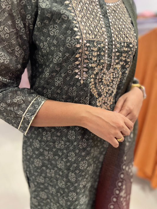 Southloom Stitched Semi Silk Salwar Set in Green with Floral Prints on Body