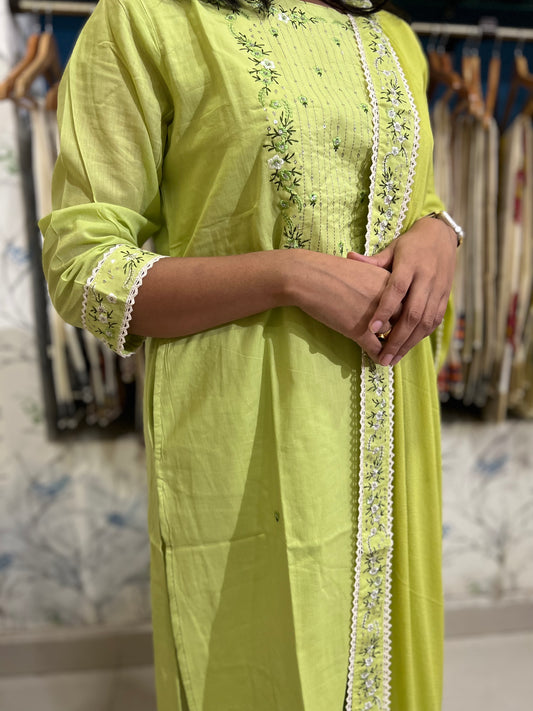 Southloom Stitched Cotton Salwar Set in Green with Floral Thread work Yoke