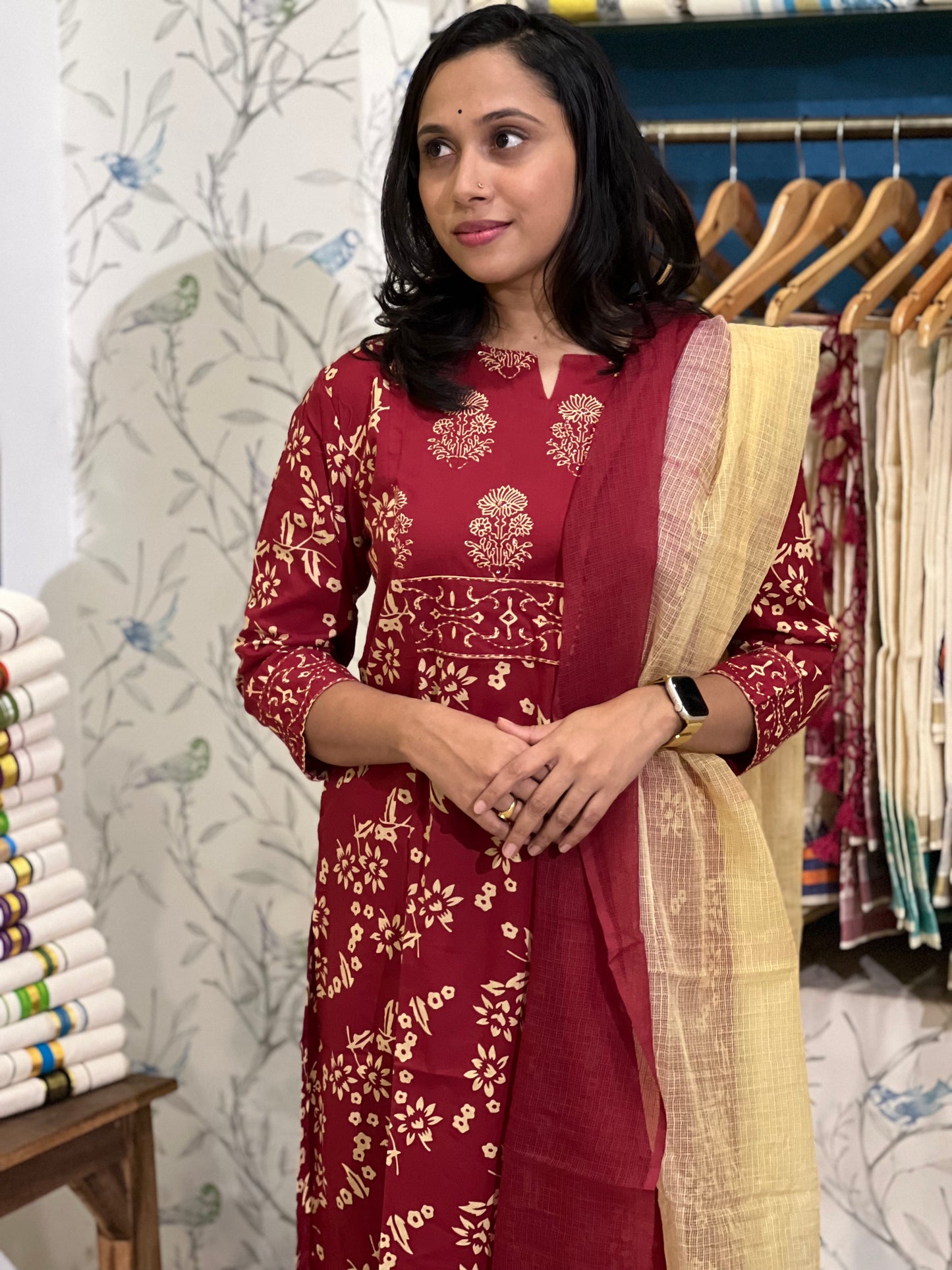 Southloom Stitched Cotton Salwar Set in Red with Floral Prints on Body