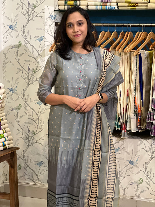 Southloom Stitched Semi Silk Salwar Set in Grey with Polka Dots on Body