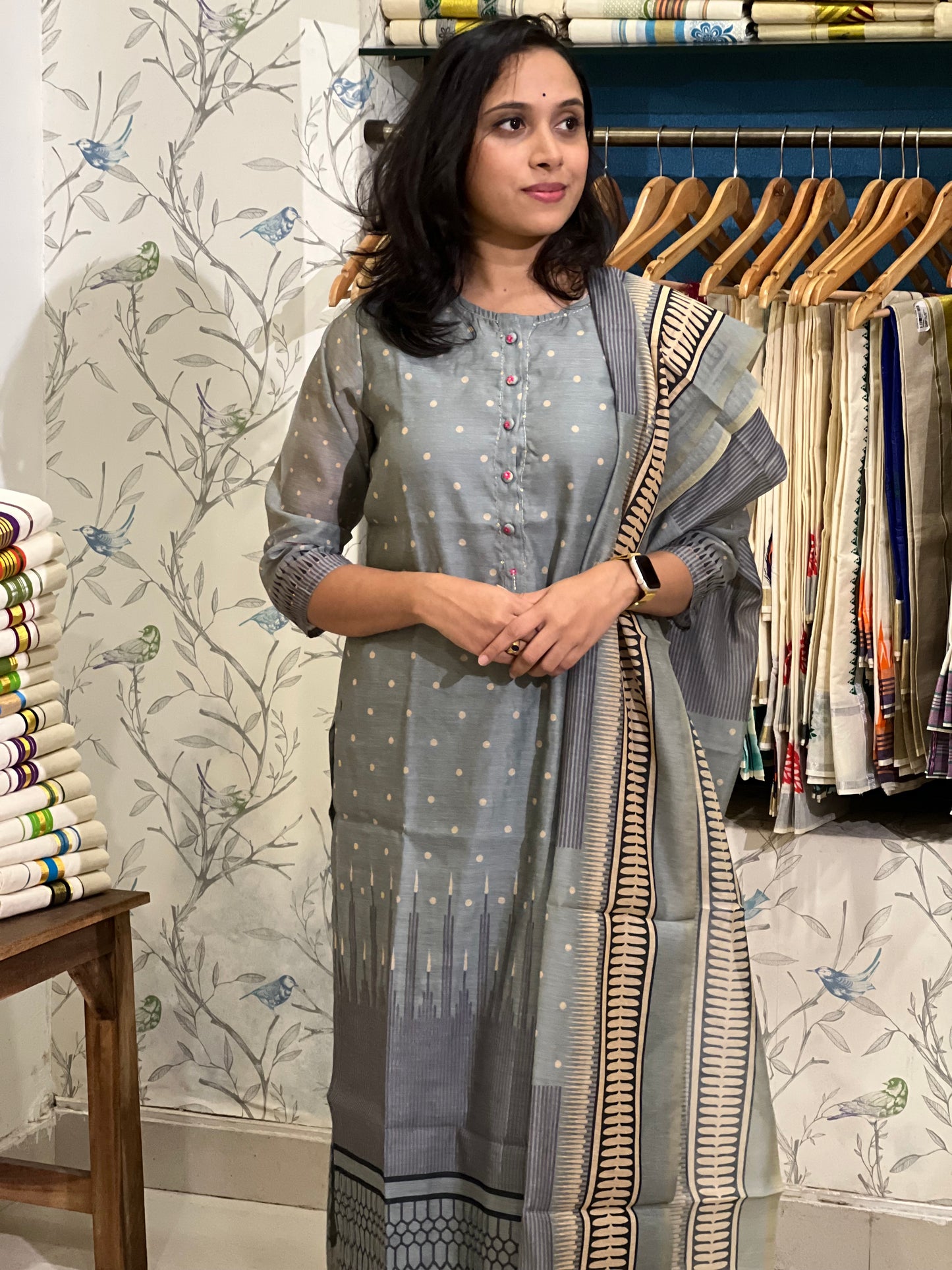 Southloom Stitched Semi Silk Salwar Set in Grey with Polka Dots on Body