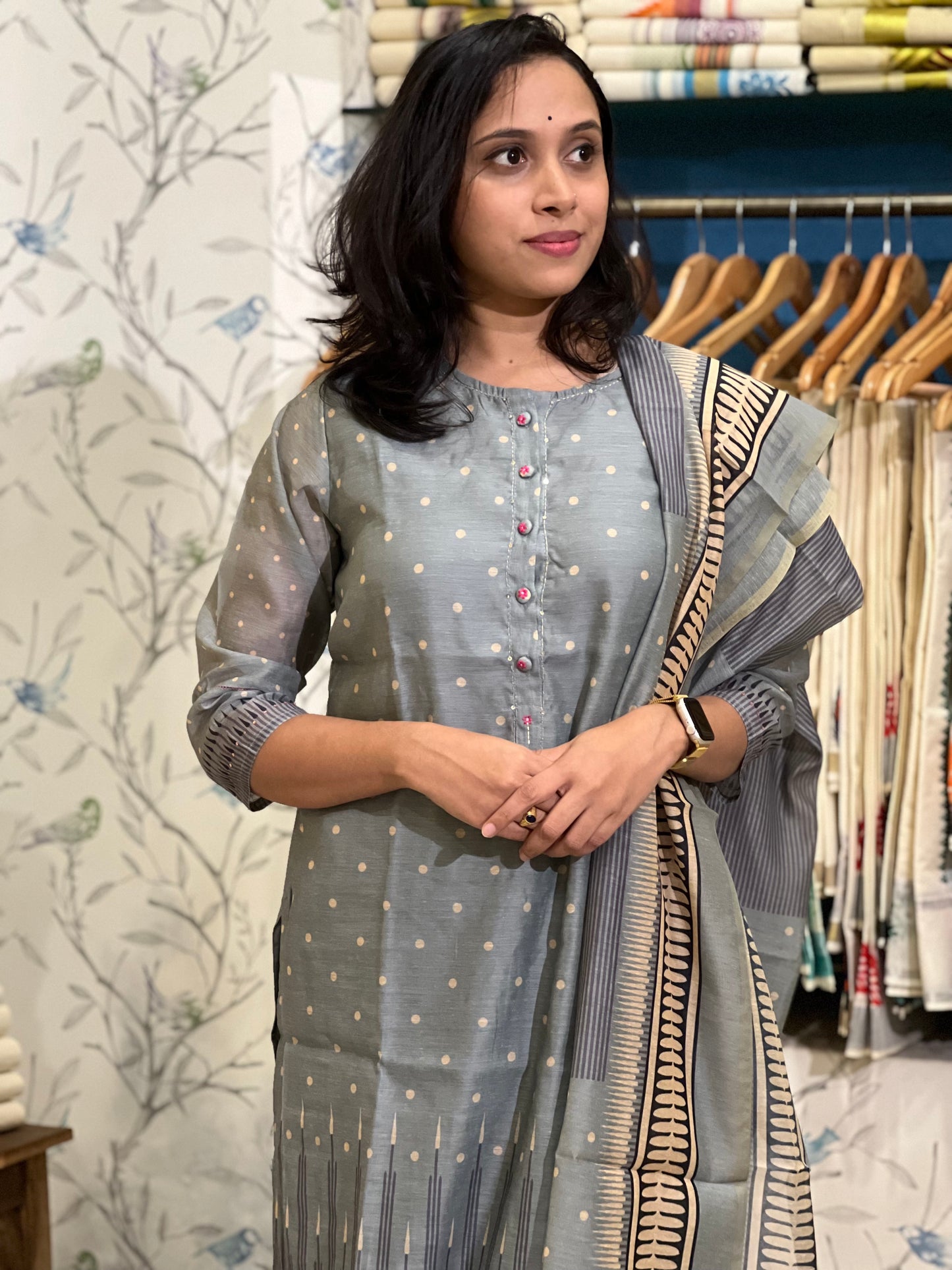 Southloom Stitched Semi Silk Salwar Set in Grey with Polka Dots on Body