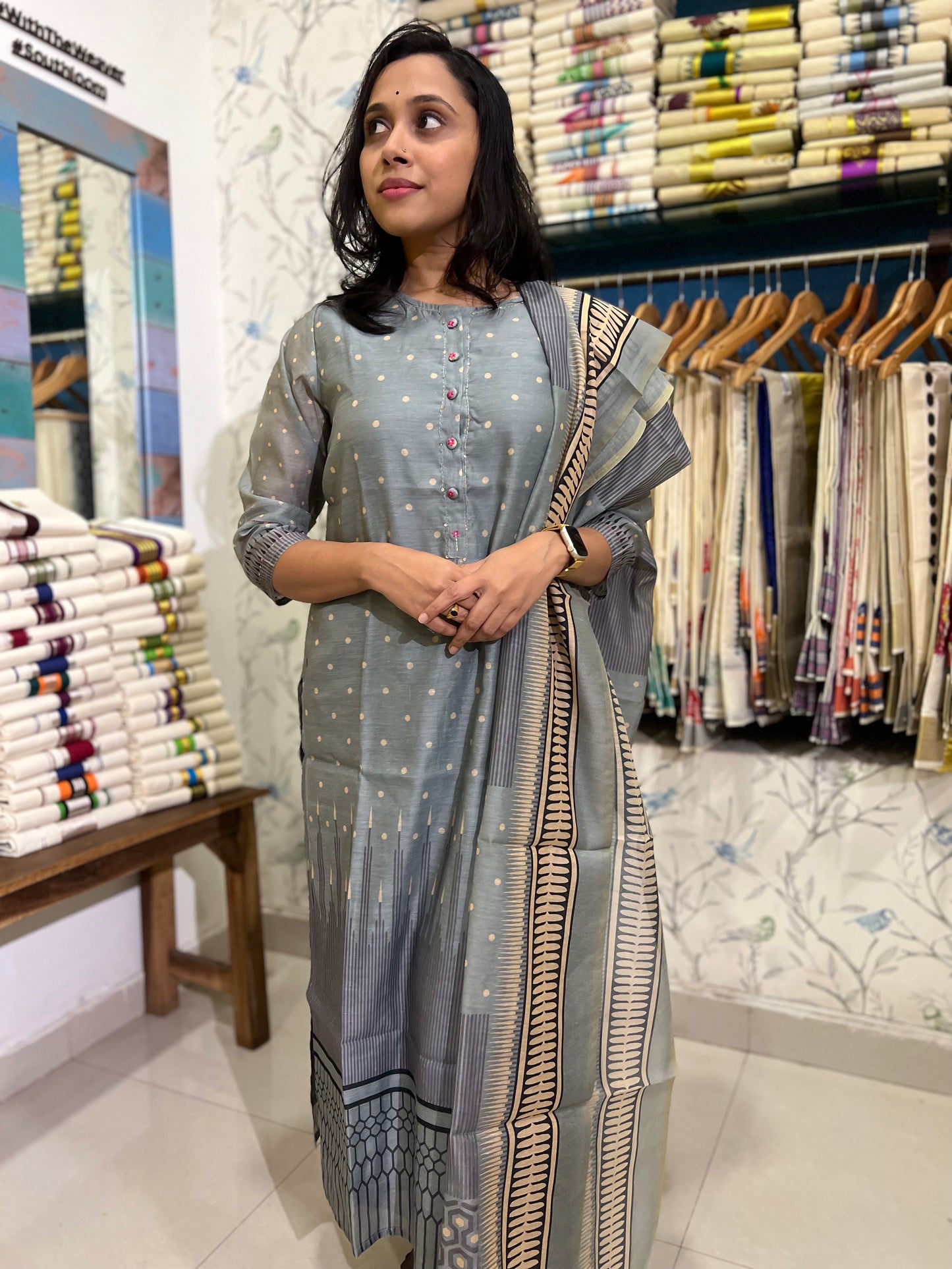 Southloom Stitched Semi Silk Salwar Set in Grey with Polka Dots on Body