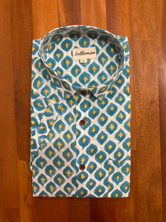 Southloom Jaipur Cotton Blue and Yellow Hand Block Printed Shirt (Half Sleeves)