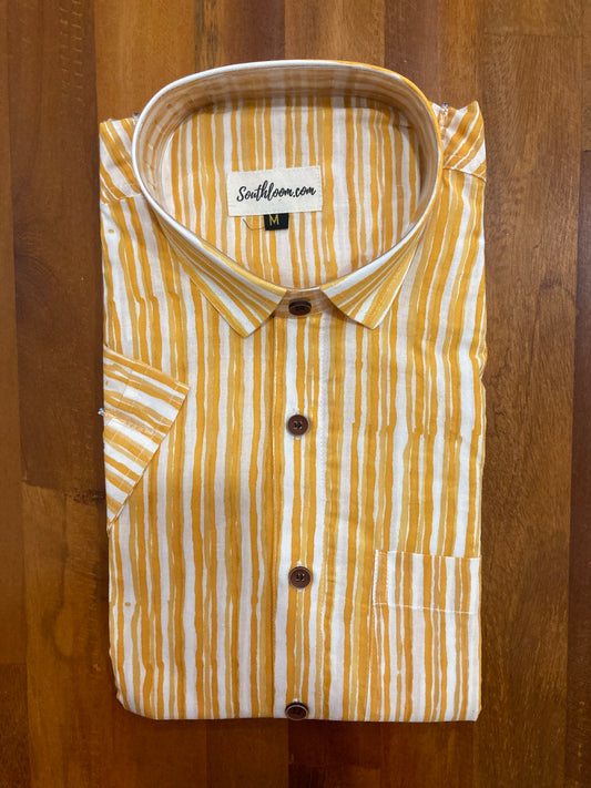 Southloom Jaipur Cotton Yellow Hand Block Printed Shirt (Half Sleeves)