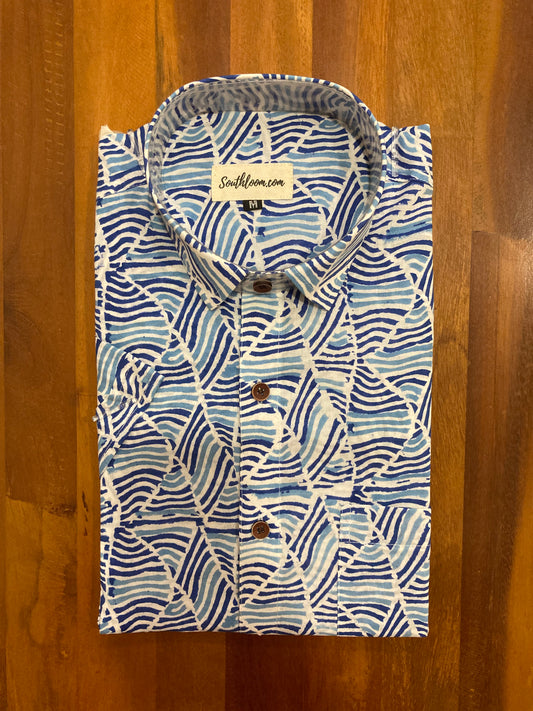 Southloom Jaipur Cotton Blue Hand Block Printed Shirt (Half Sleeves)