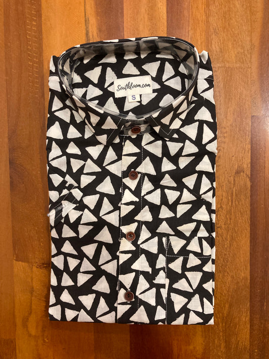 Southloom Jaipur Cotton Black and White Hand Block Printed Shirt (Half Sleeves)