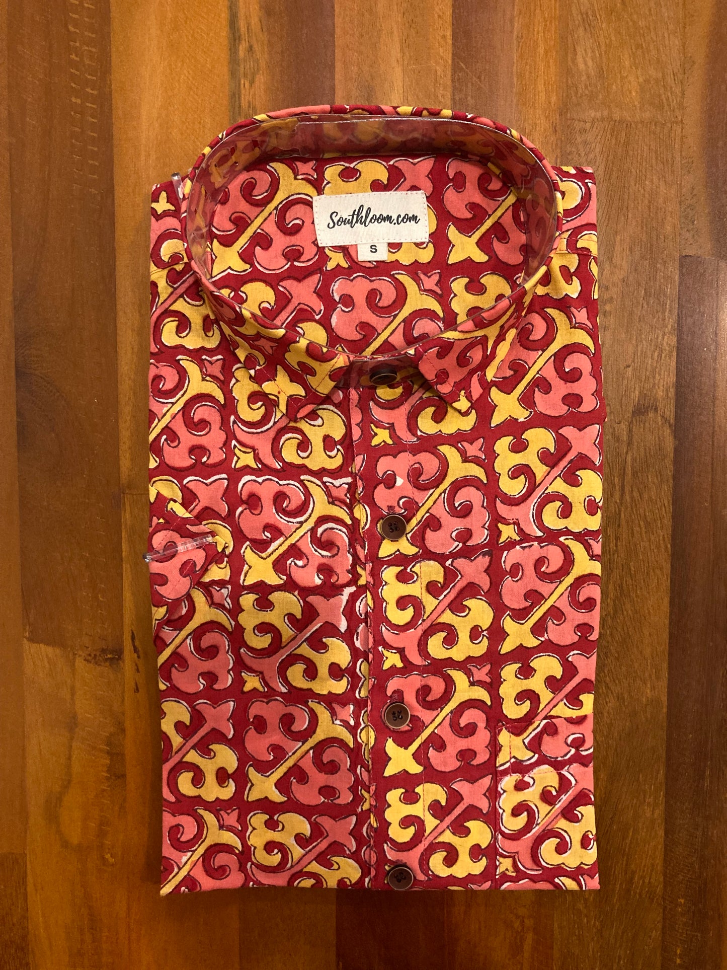 Southloom Jaipur Cotton Red and Yellow Hand Block Printed Shirt (Half Sleeves)