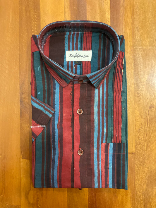 Southloom Jaipur Cotton Red and Blue Hand Block Printed Shirt (Half Sleeves)